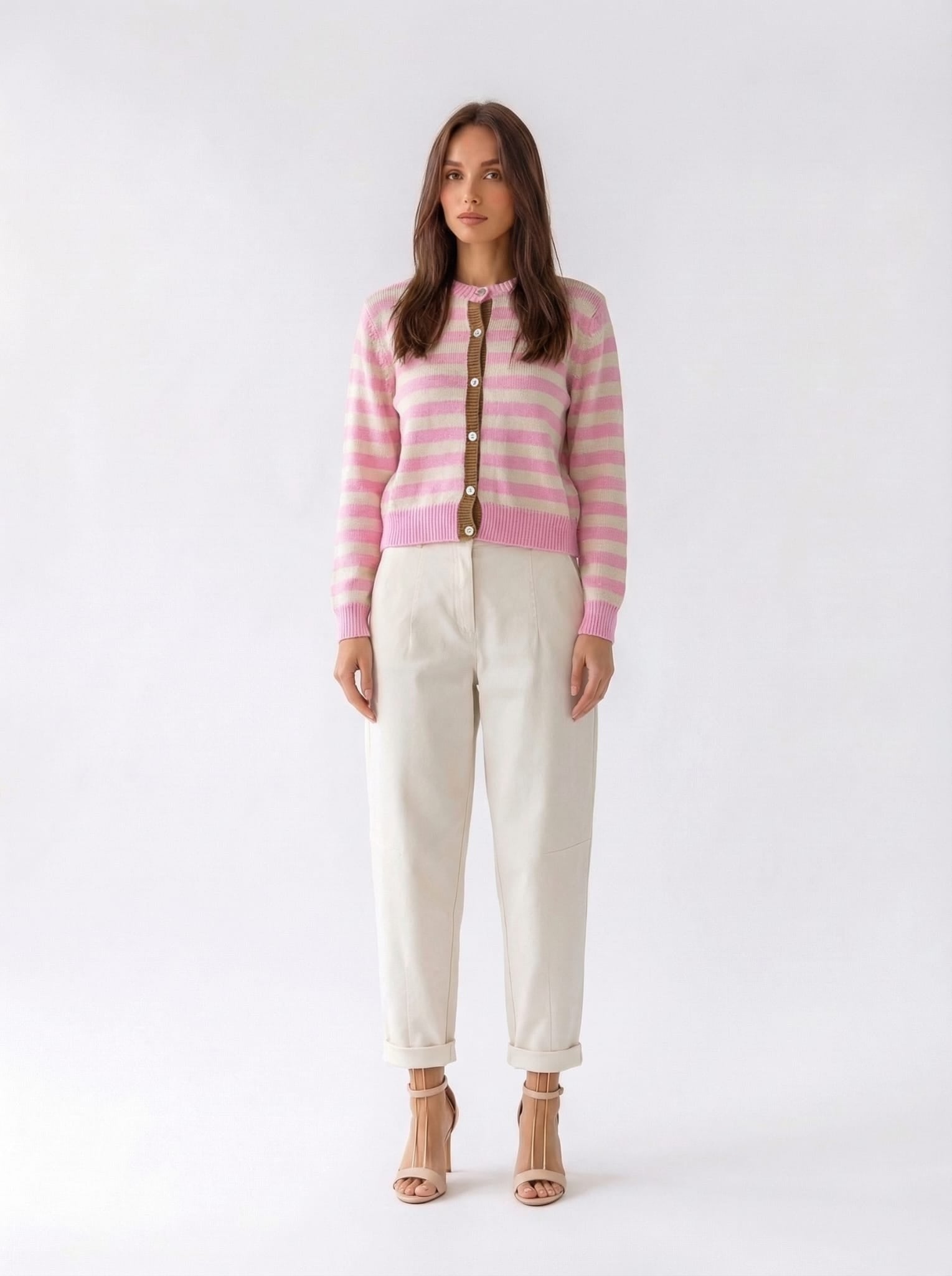 Cardigan Luma a righe con bottoni e profili - rosa baby donna