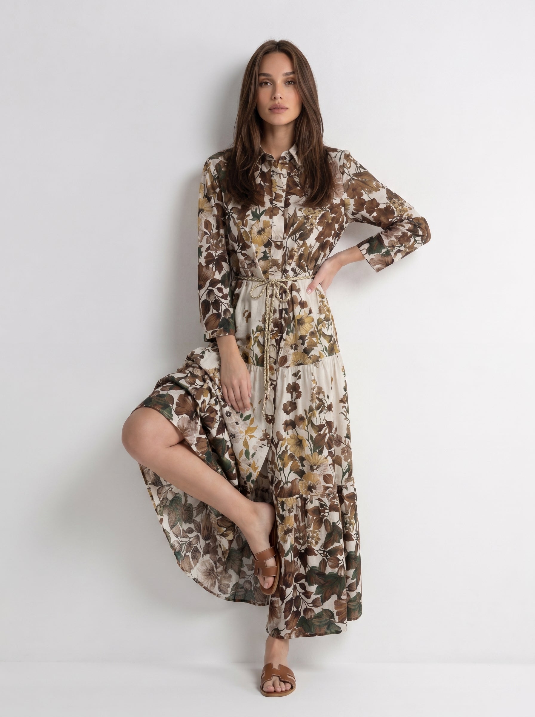 Abito Florelle chemisier in mussola - Verde fiori grandi donna