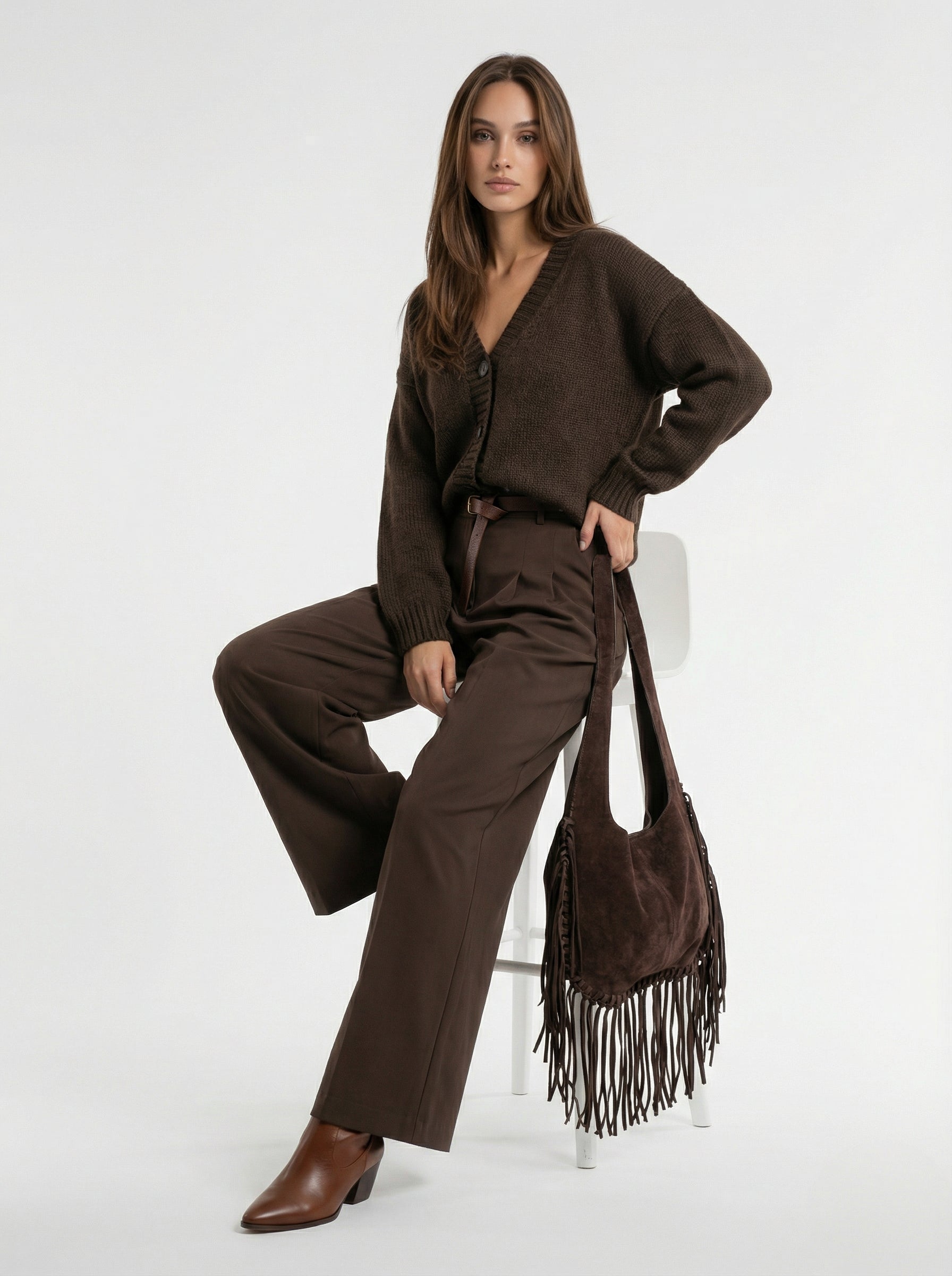 Frida – Cardigan caldo in lana doppio scollo Marrone donna