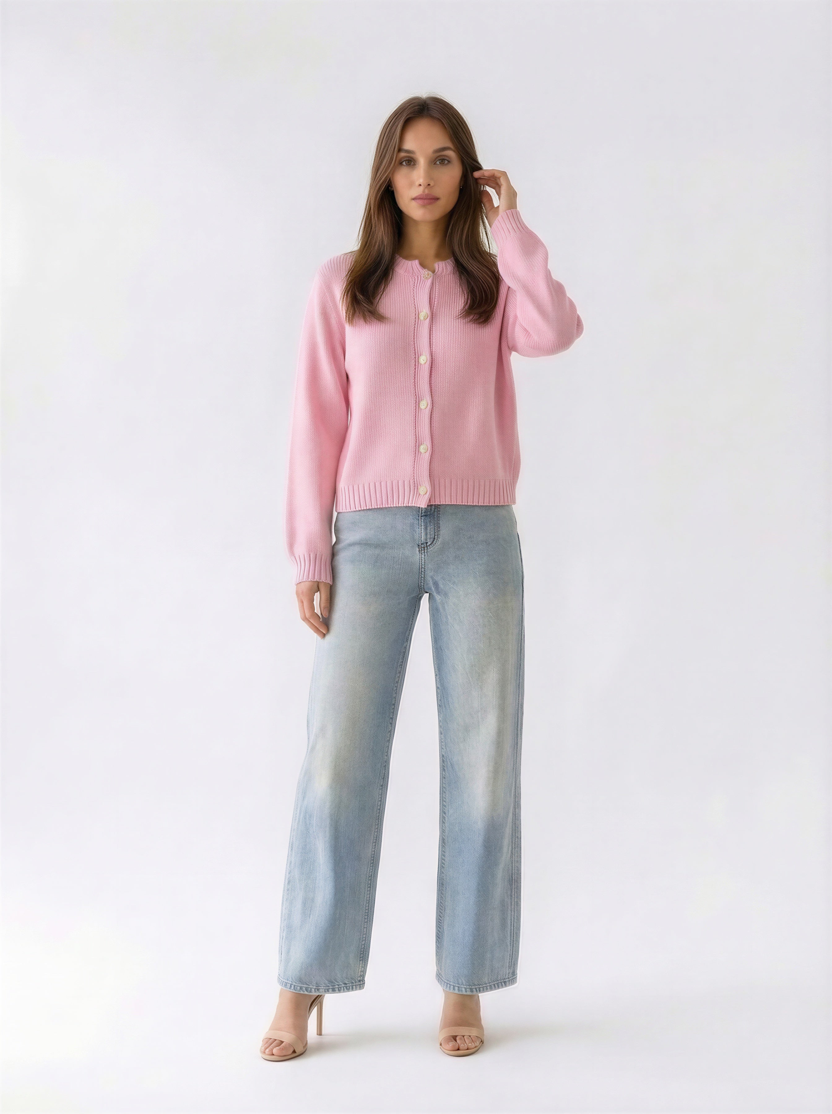 Cardigan Adele girocollo con bottoni – Rosa baby donna