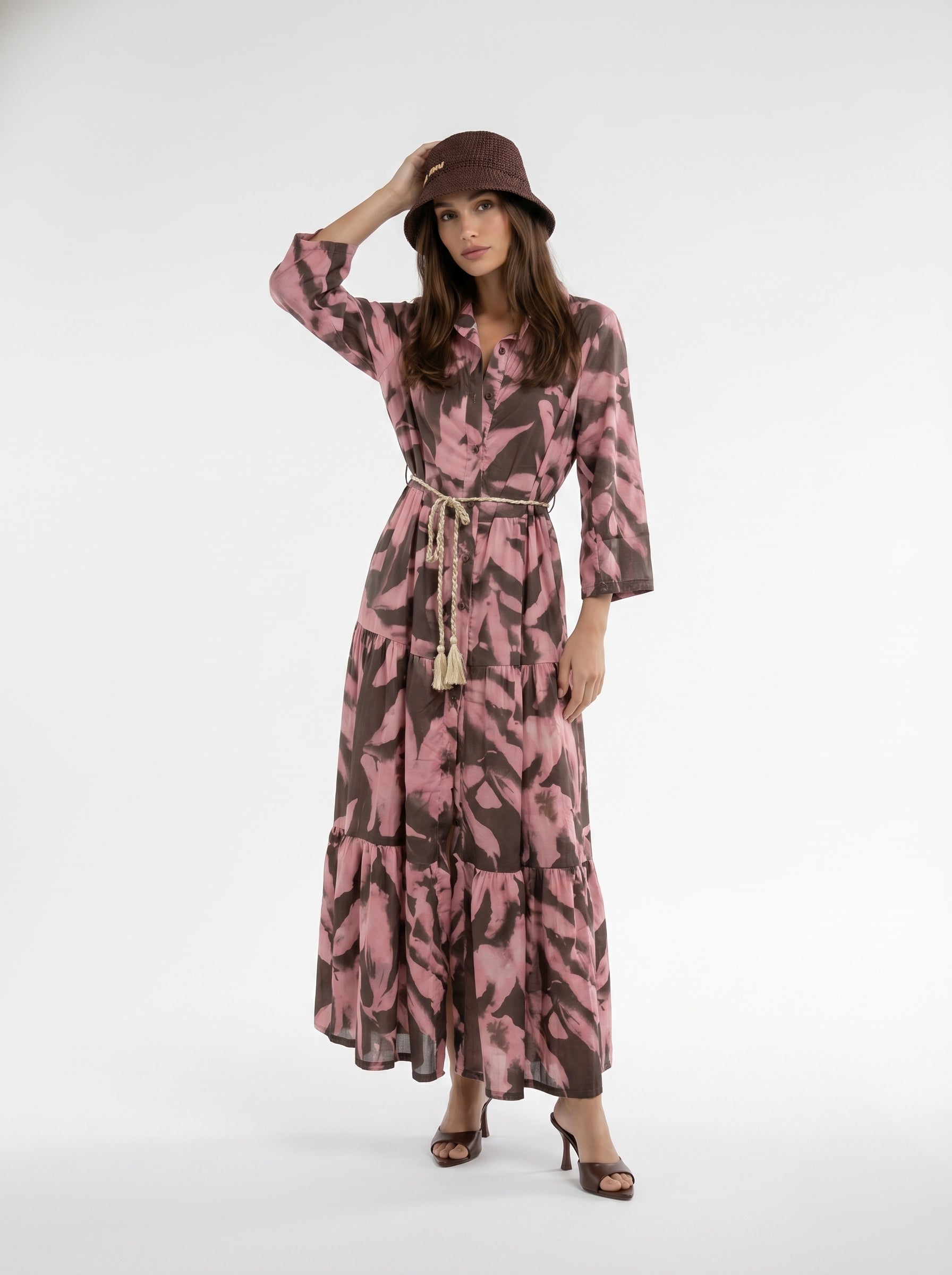 Abito Florelle chemisier in mussola - Marrone rosa donna