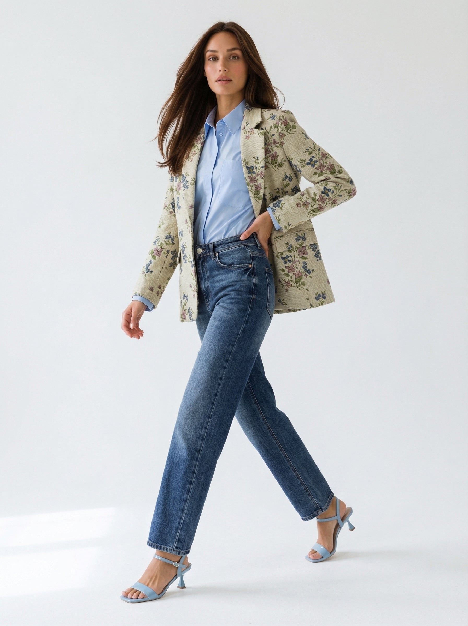 Giacca Vittoria monopetto fantasia -blu donna