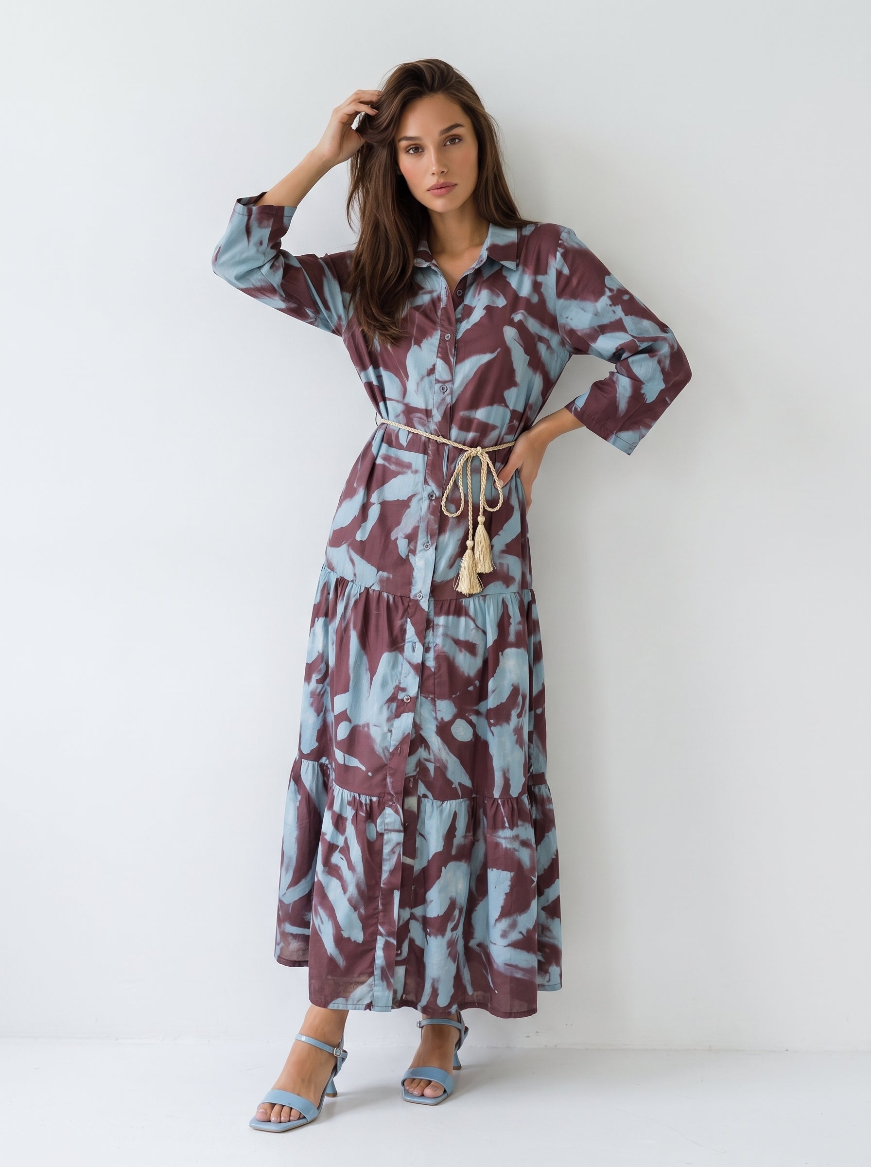 Abito Florelle chemisier in mussola - Bordeaux azzurro donna