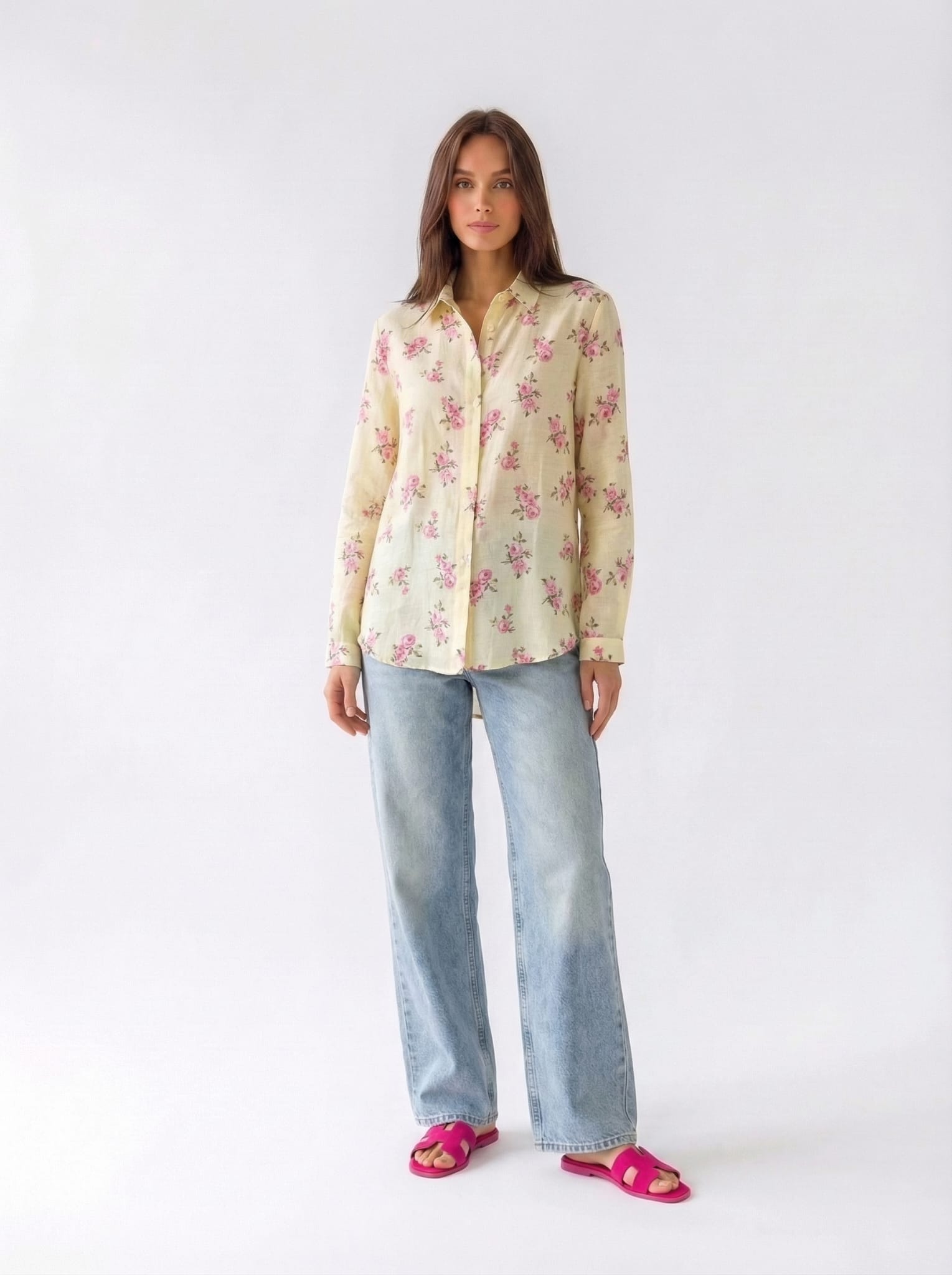 Camicia Liri - Giallo fantasia fiori rosa donna