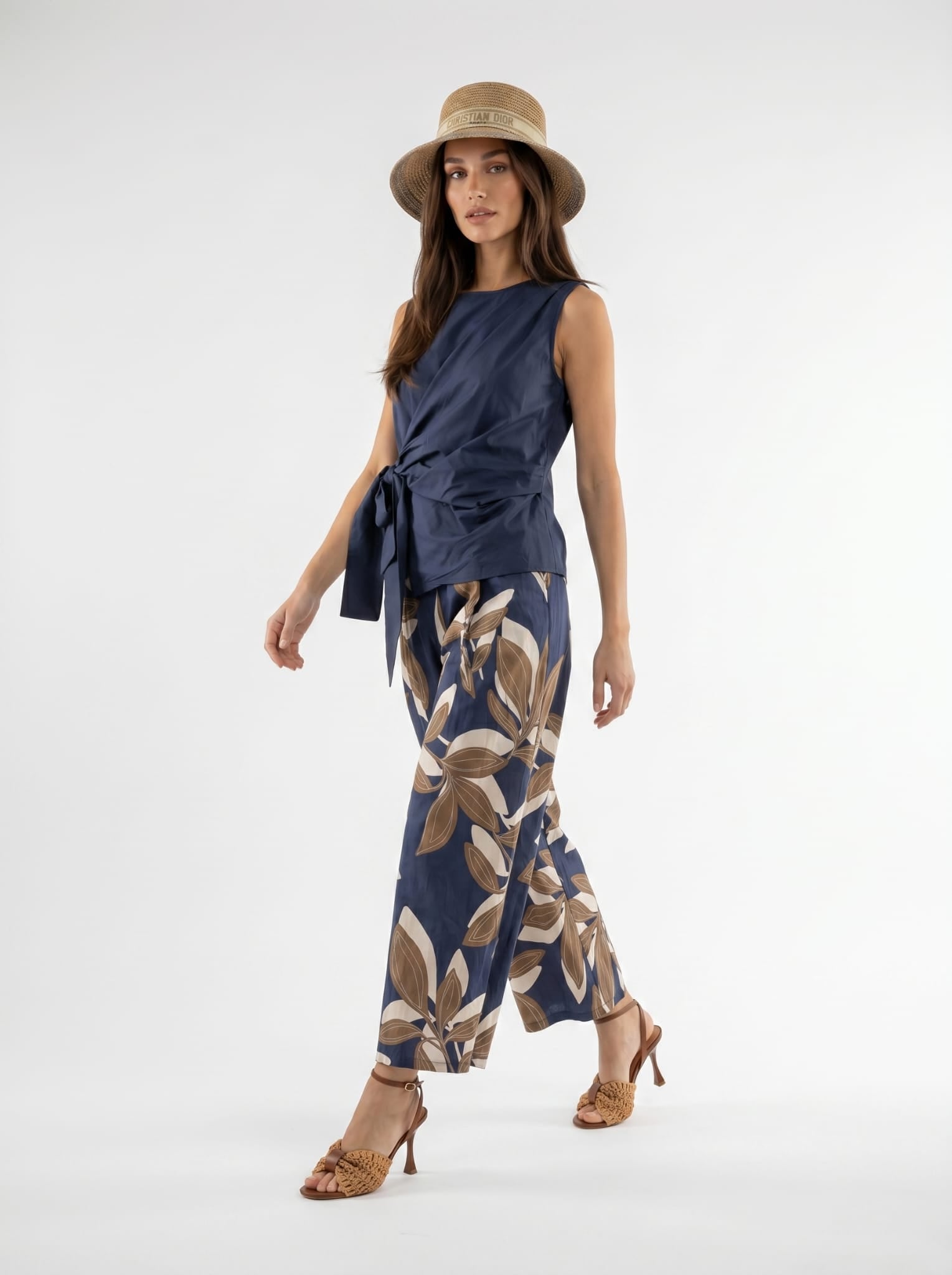 Pantalone Marbella - fantasia foliage blu e beige donna