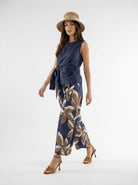Pantalone Marbella - fantasia foliage blu e beige donna