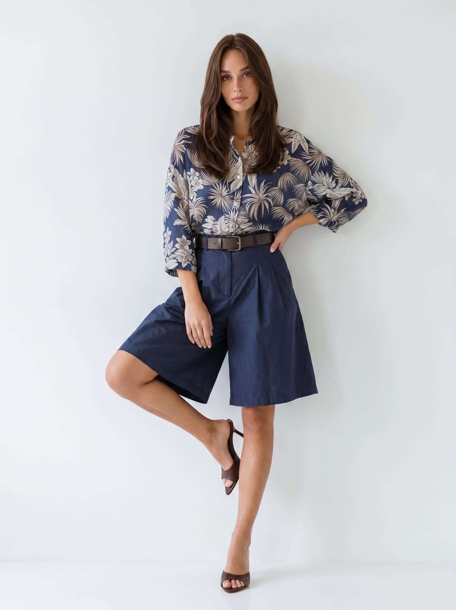 Camicia Tahiti - Blu foglie beige donna