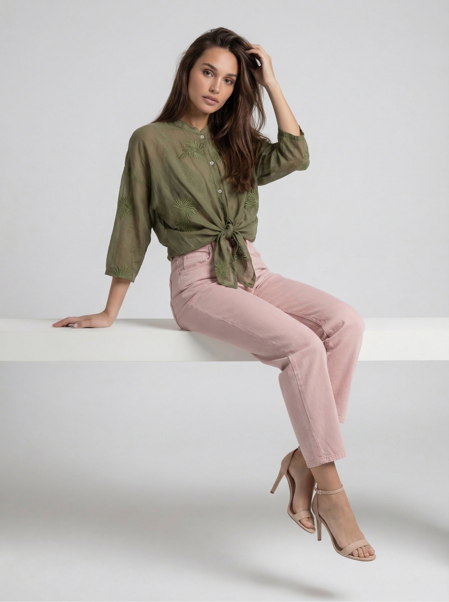 Camicia Nayla fluida con nodo – verde militare donna