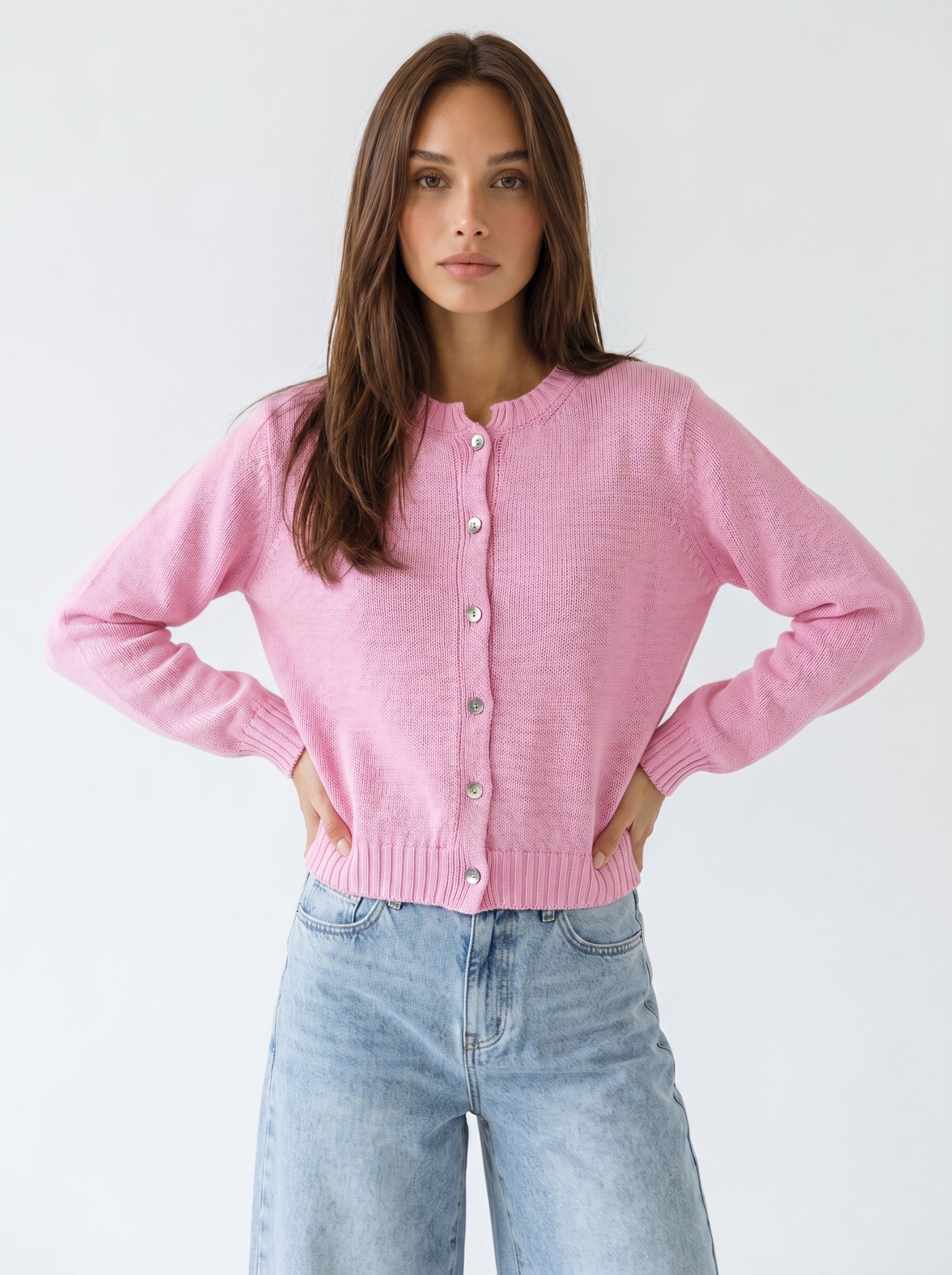 Cardigan Adele girocollo con bottoni – Rosa baby donna