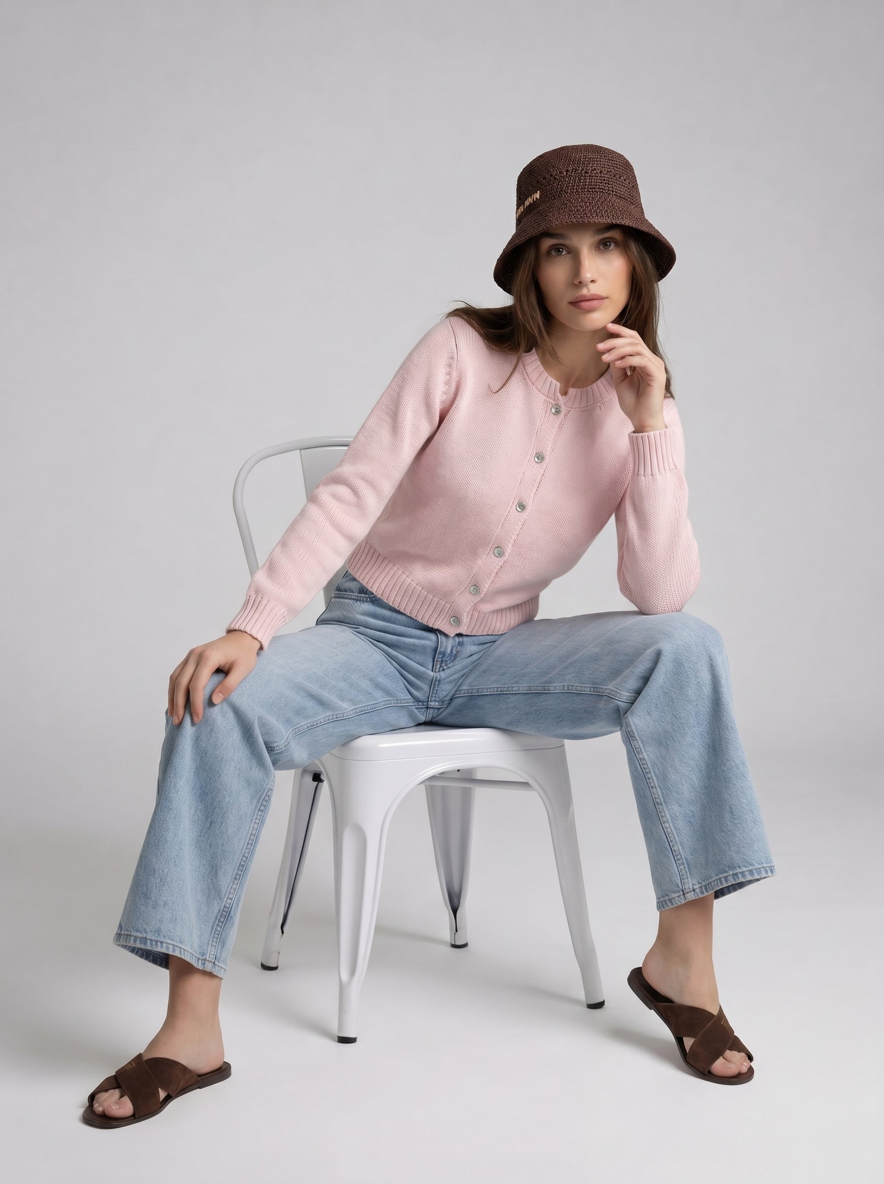 Cardigan Adele girocollo con bottoni – Rosa donna