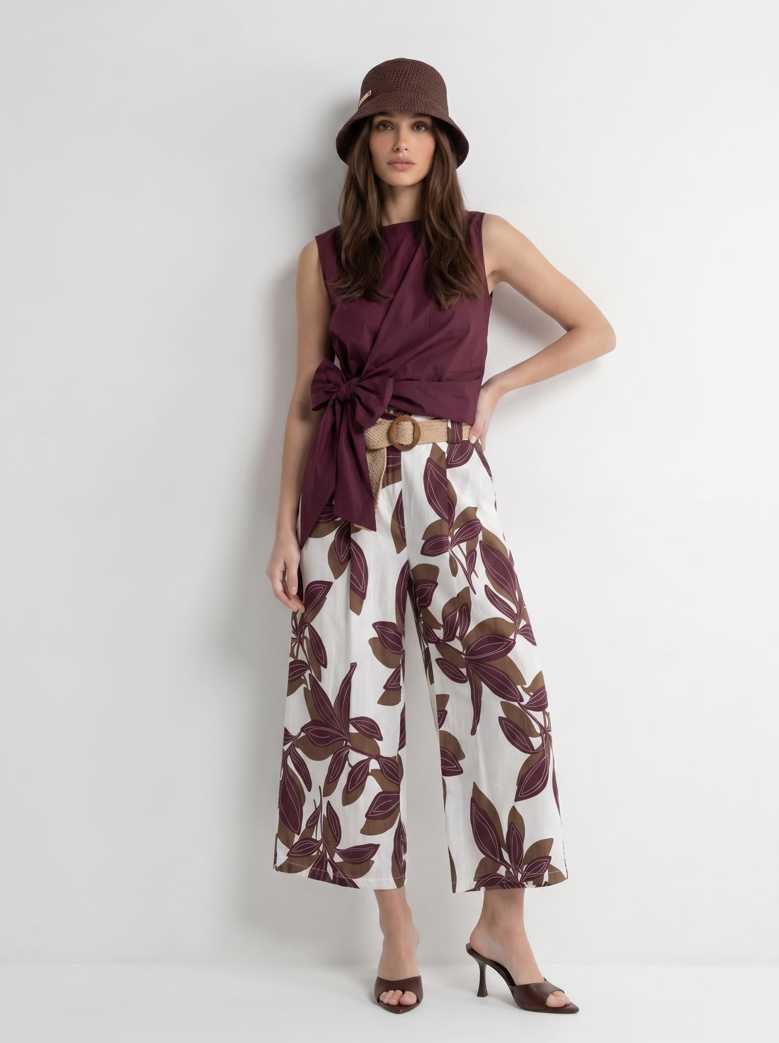 Pantalone Marbella - fantasia foliage bordeaux e beige donna