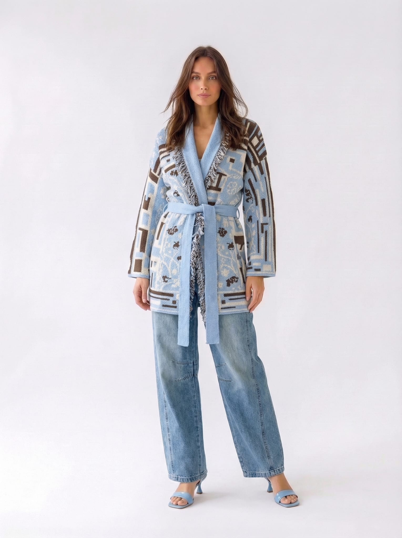 Cardigan Maya lungo con cintura – Celeste e marrone donna