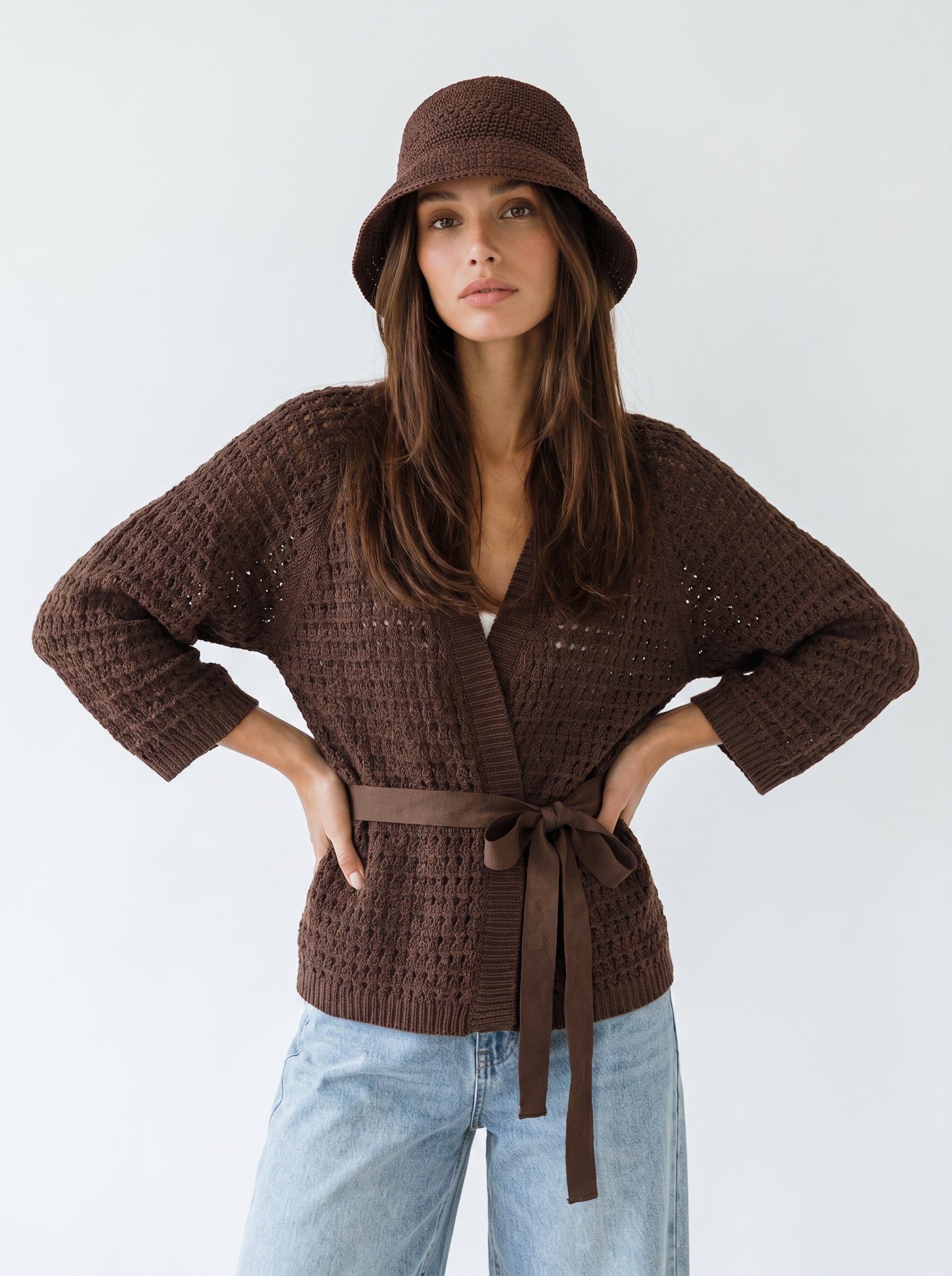 Cardigan Elara traforato con cintura- Marrone donna