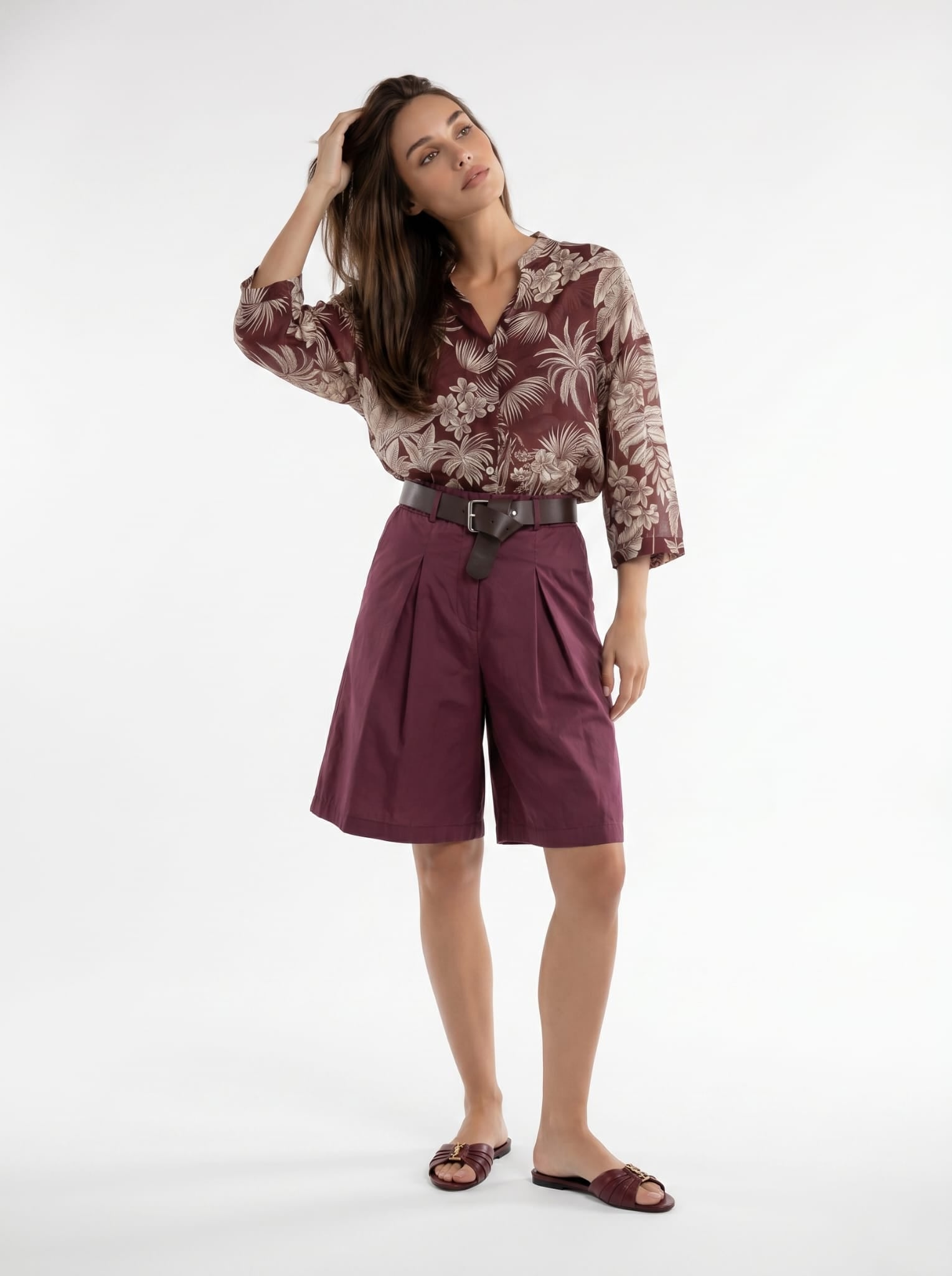 Camicia Tahiti - Bordeaux foglie beige donna