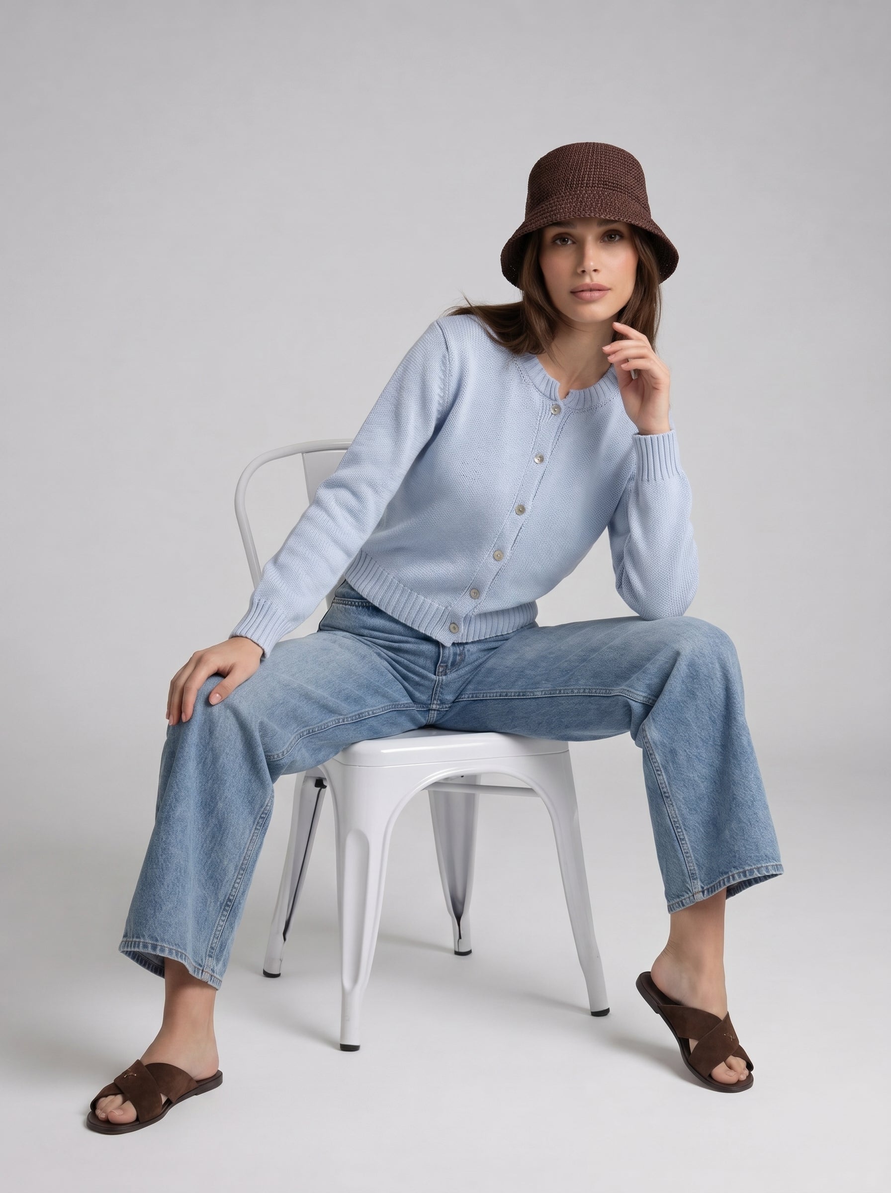 Cardigan Adele girocollo con bottoni – Celeste donna