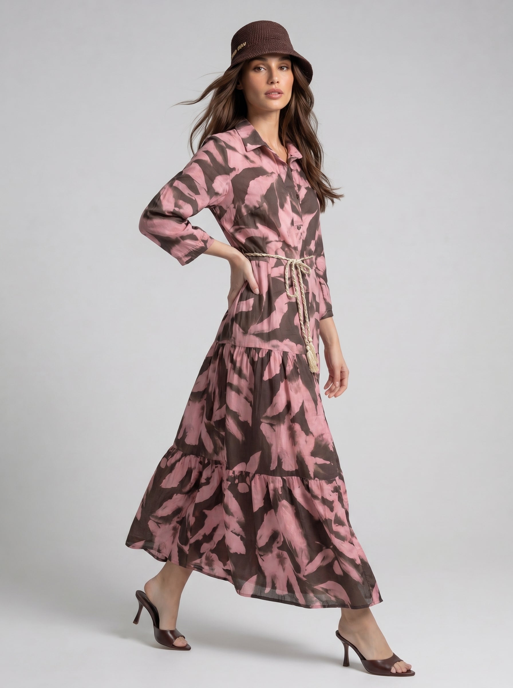 Abito Florelle chemisier in mussola - Marrone rosa donna