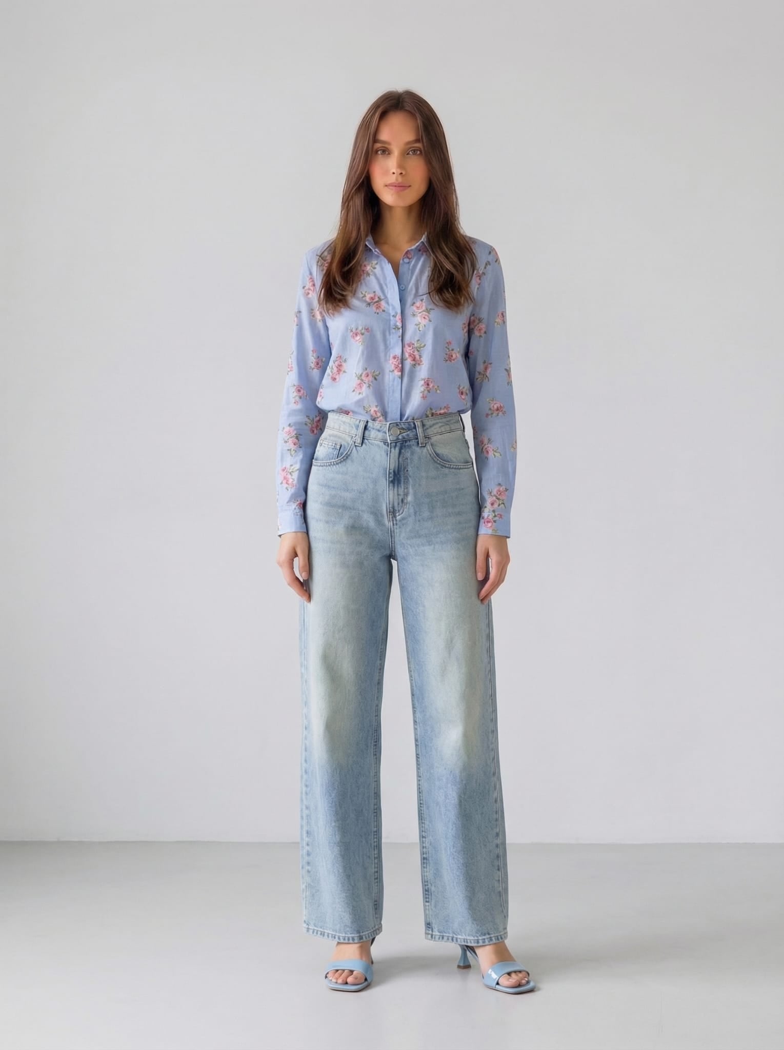 Camicia Liri - Azzurro fantasia fiori rosa donna