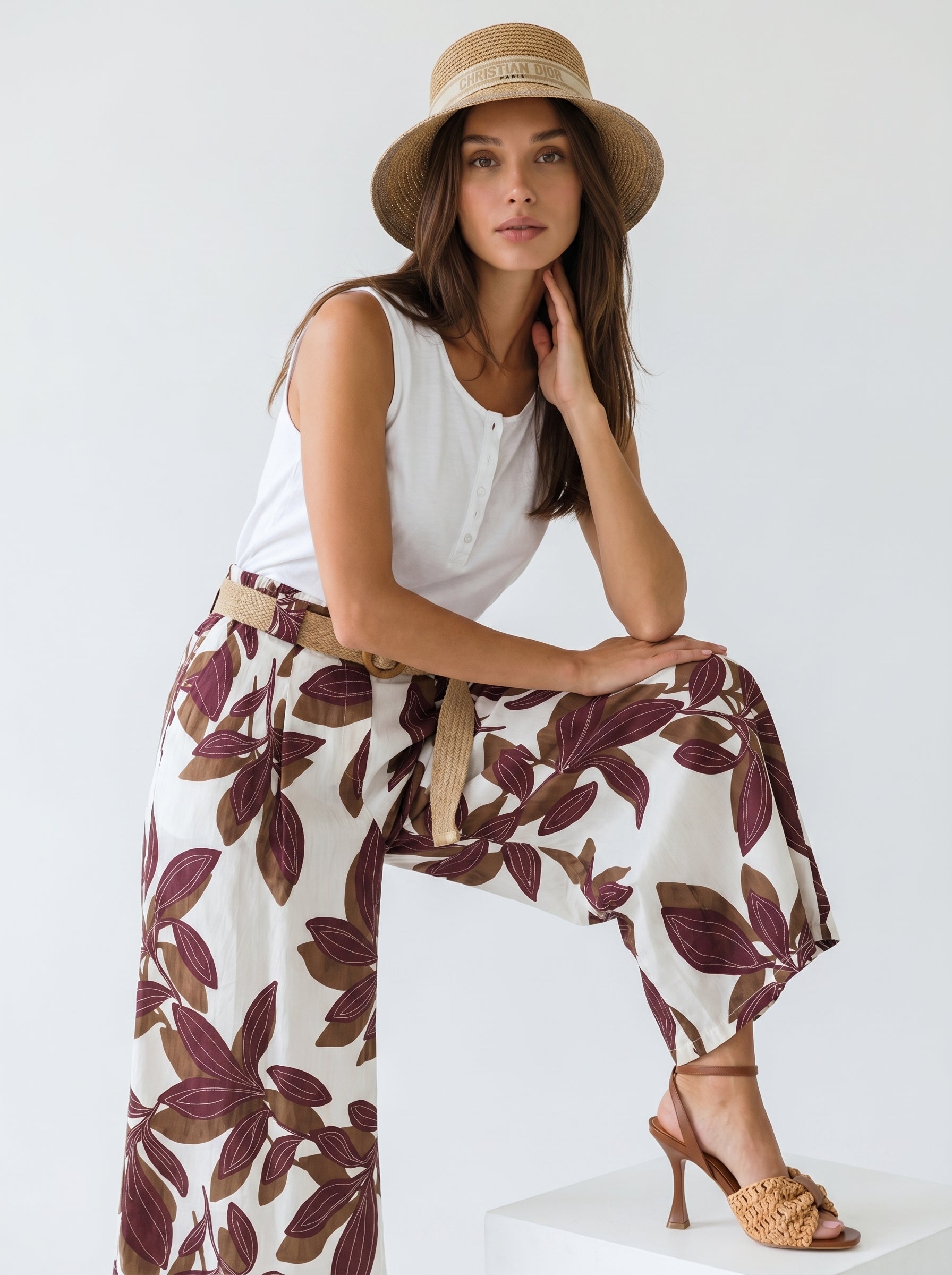 Pantalone Marbella - fantasia foliage bordeaux e beige donna
