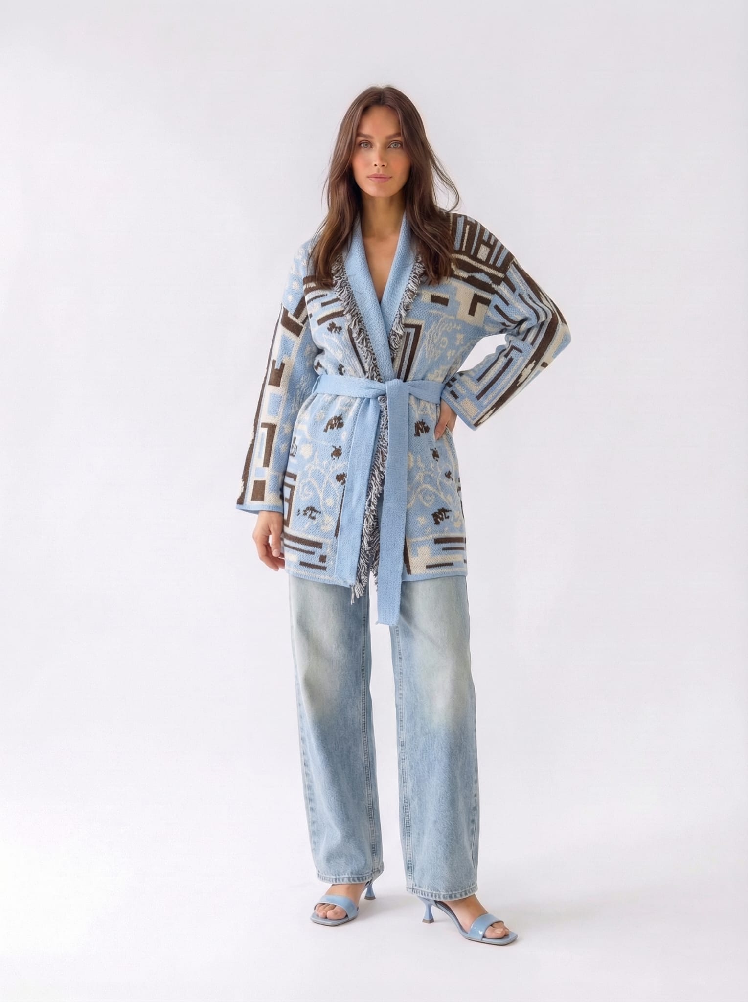 Cardigan Maya lungo con cintura – Celeste e marrone donna