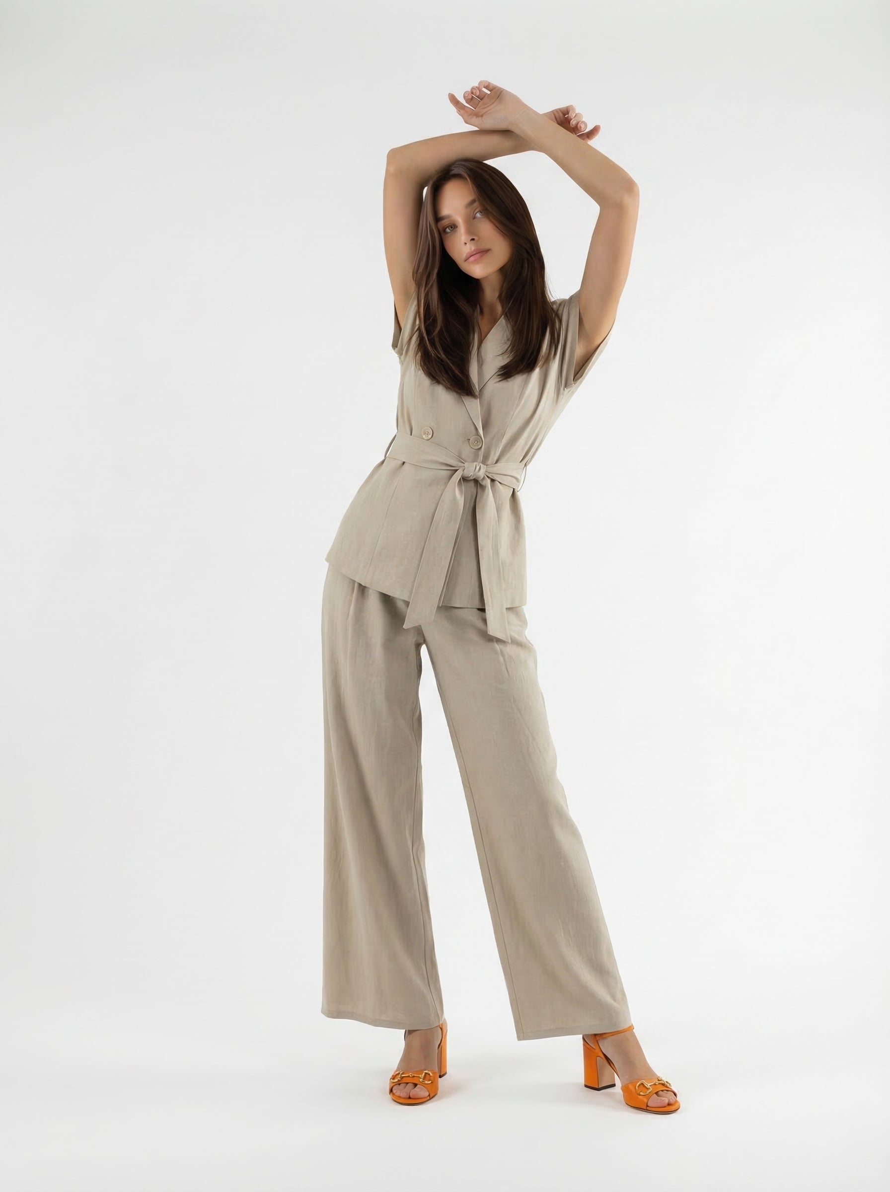 Coordinato Filet blazer doppiopetto e pantalone palazzo - sabbia donna