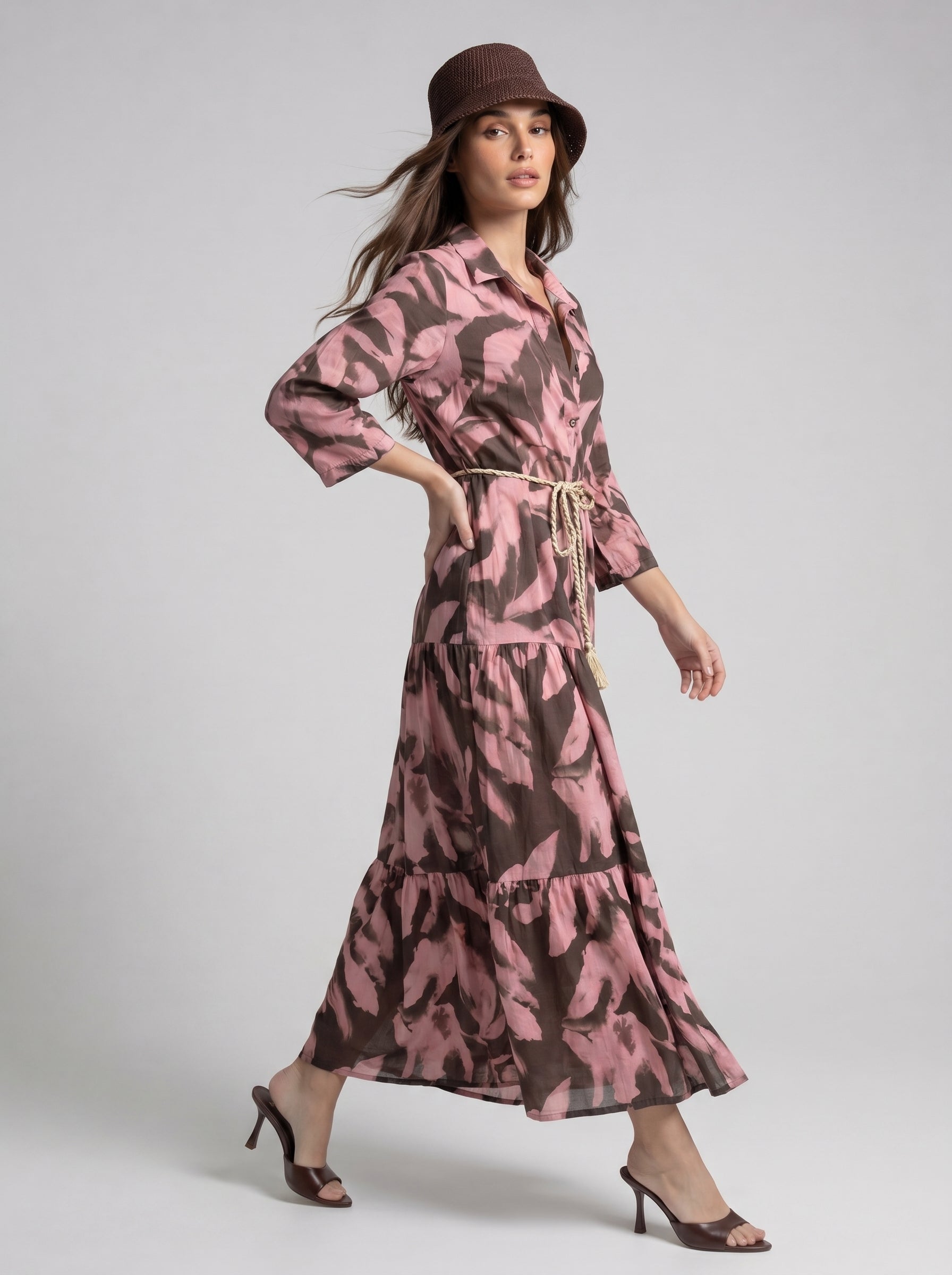 Abito Florelle chemisier in mussola - Marrone rosa donna