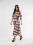 Abito Kyoto kimono a righe con cintura - rosa e marrone donna