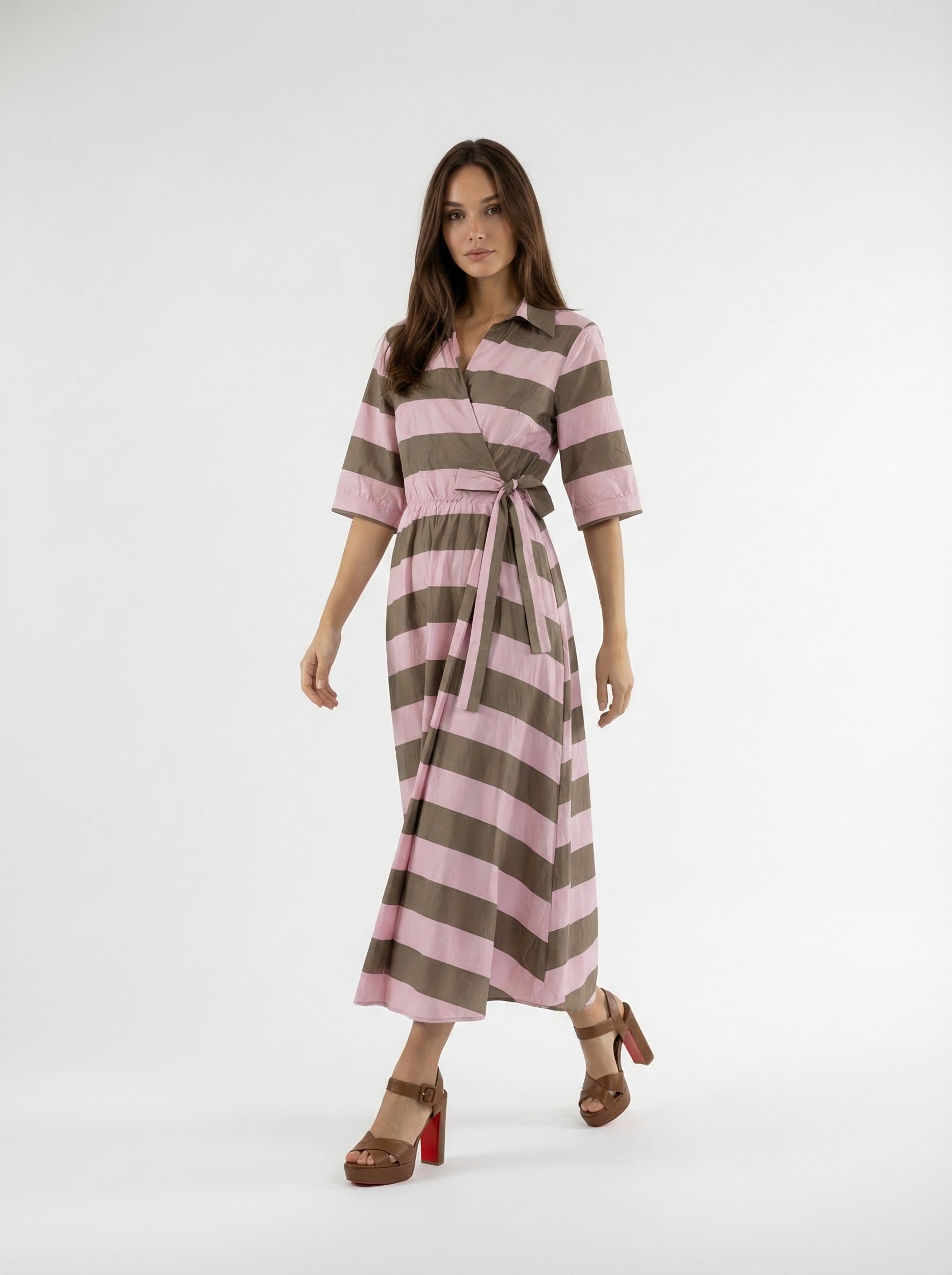 Abito Kyoto kimono a righe con cintura - rosa e marrone donna