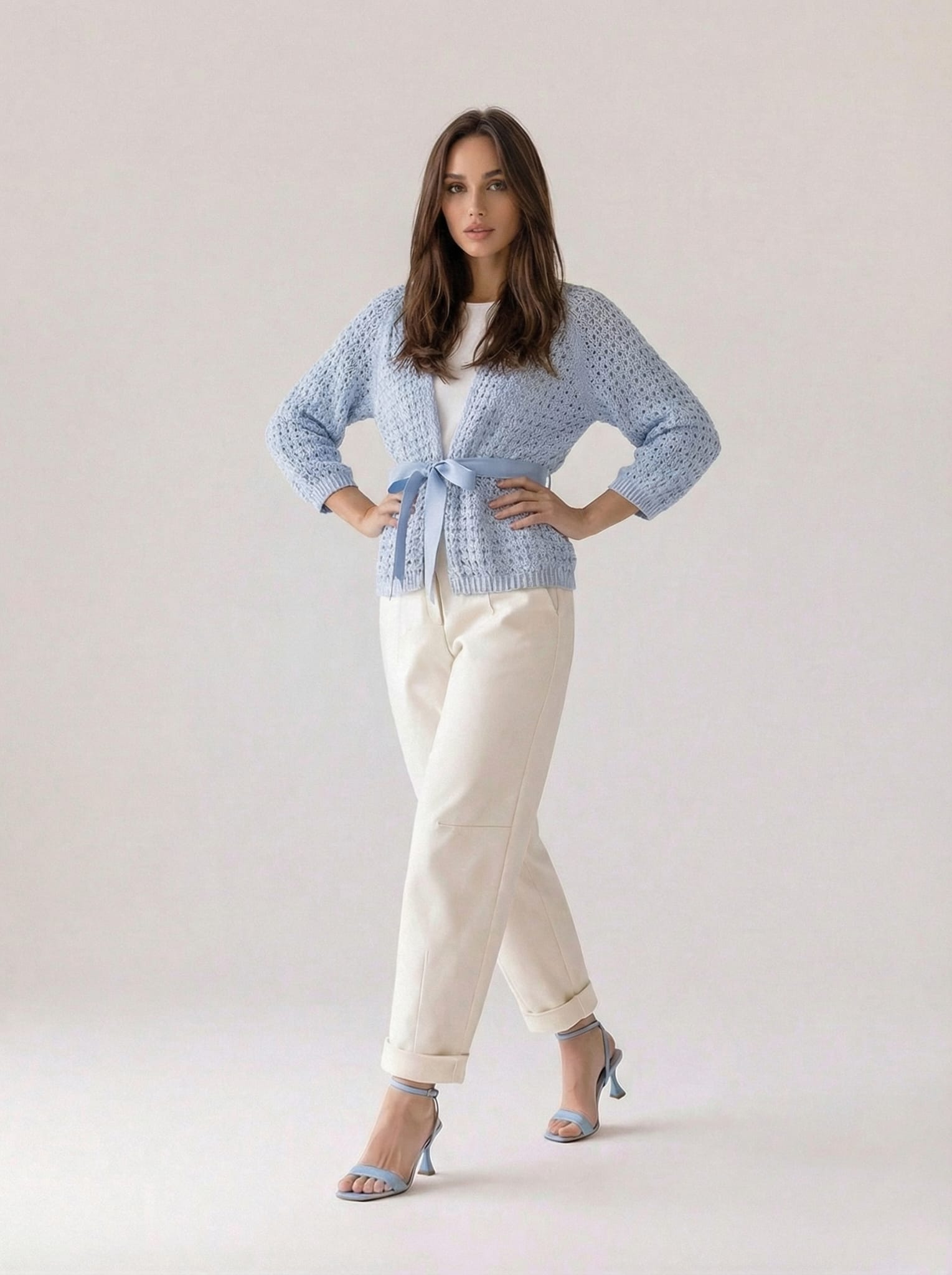 Cardigan Elara traforato con cintura -Azzurro polvere donna