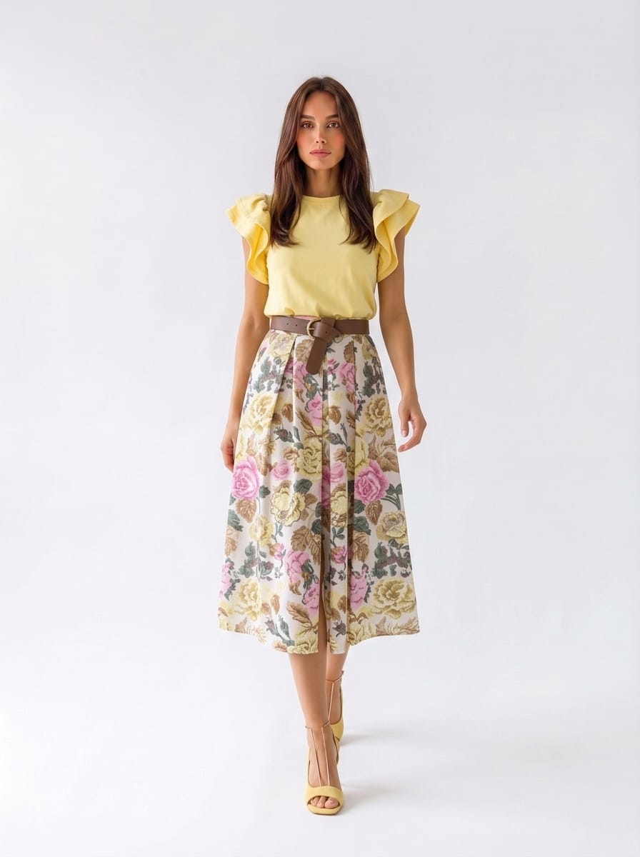 Gonna Delia midi in cotone a fiori – Giallo donna