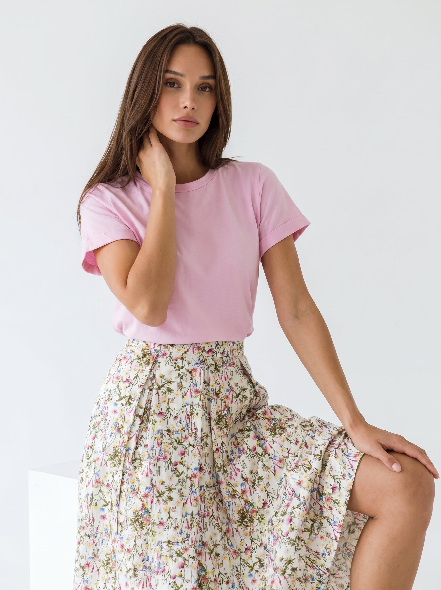 T-shirt Nina basica in cotone stretch - Rosa baby donna