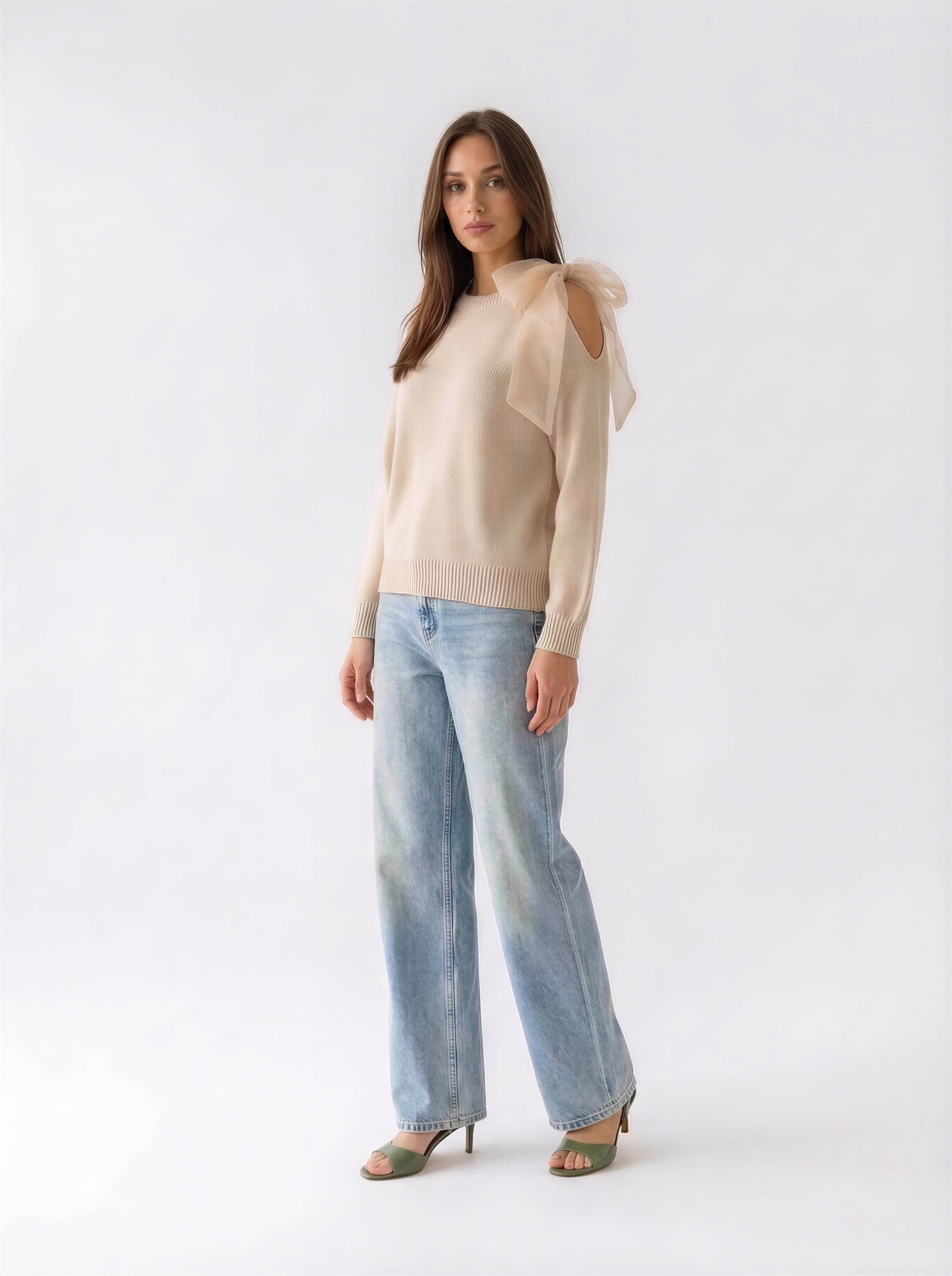 Pull Nives con fiocco in organza - Beige donna