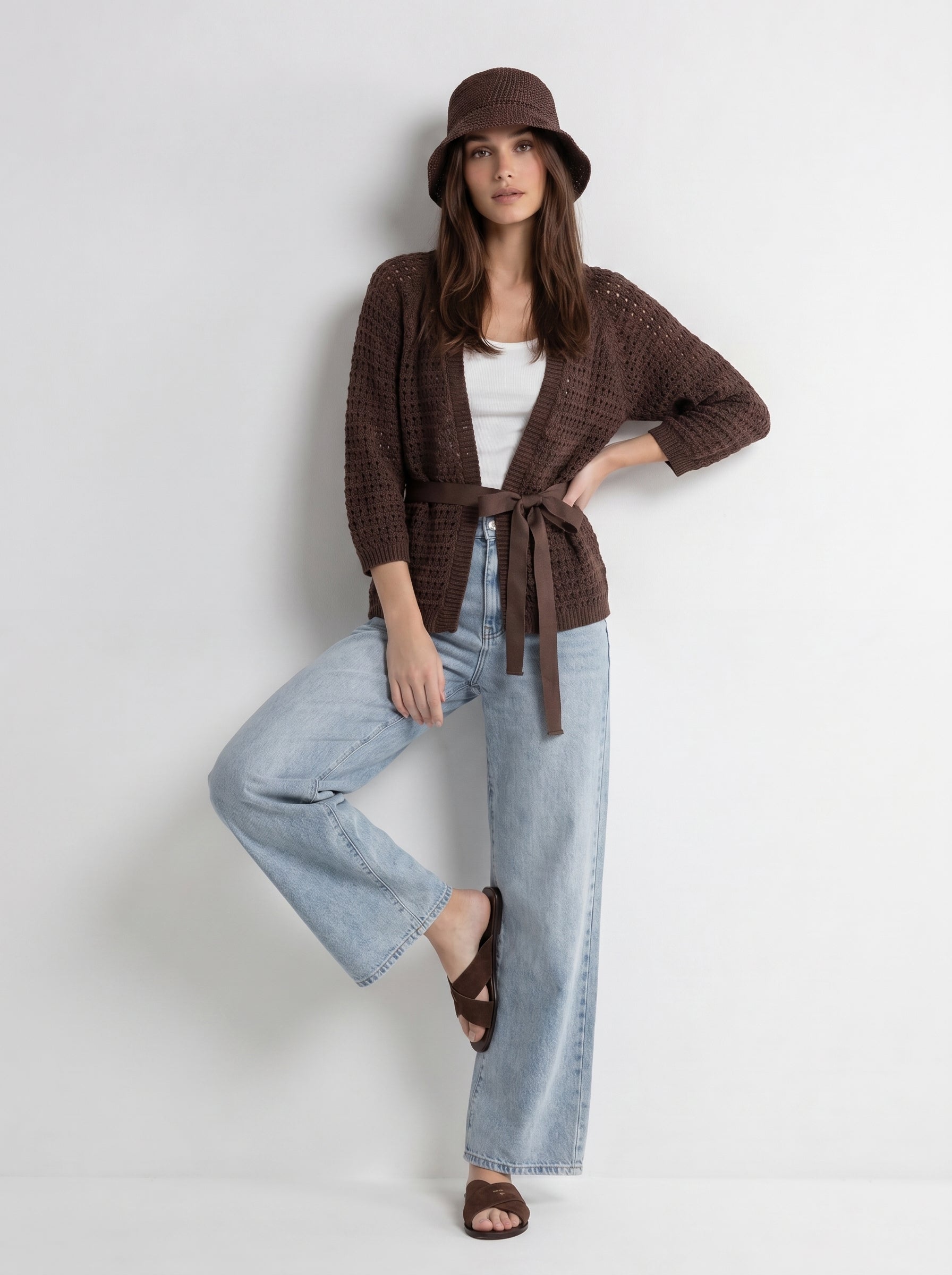 Cardigan Elara traforato con cintura- Marrone donna
