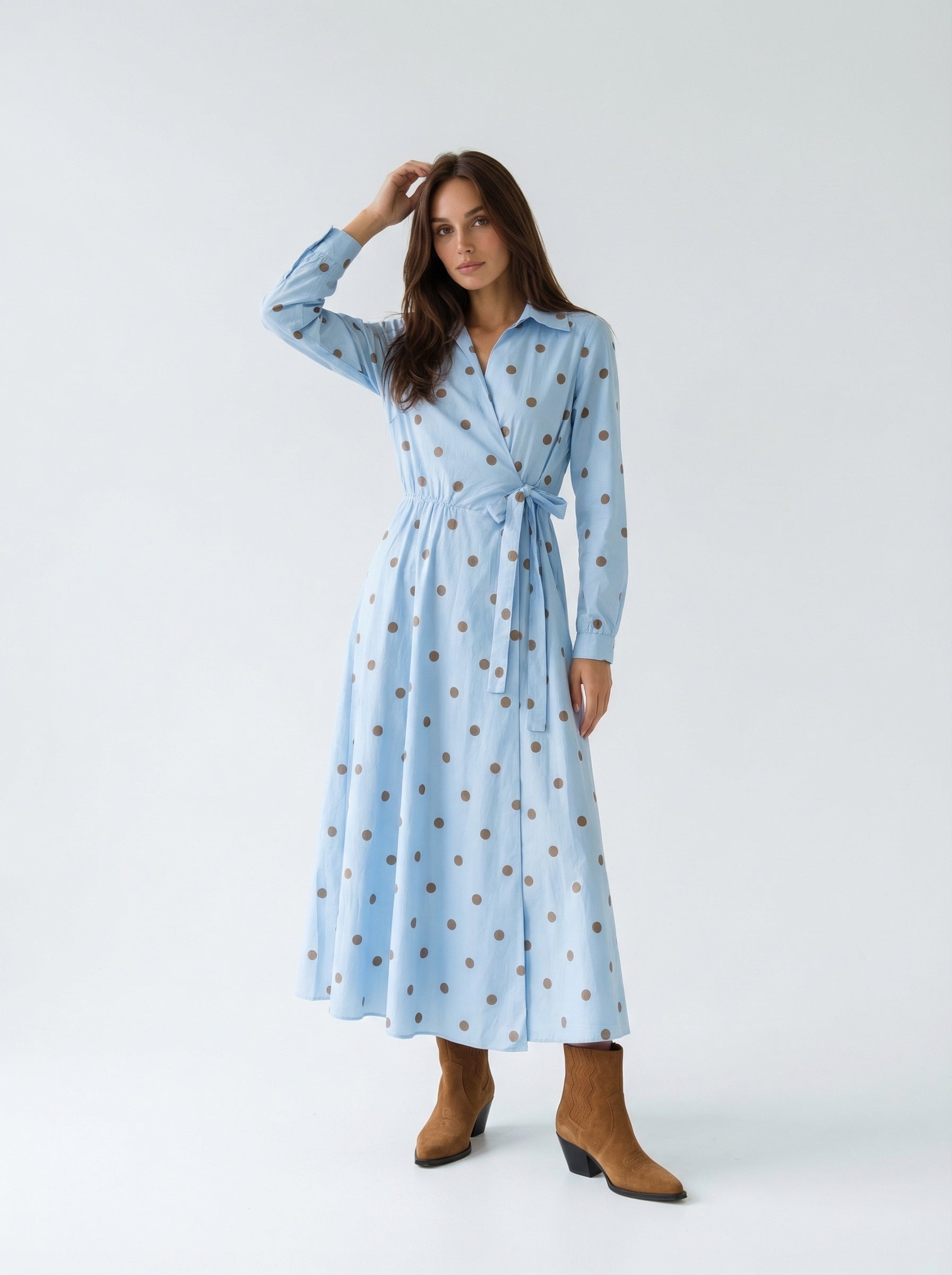 Abito Alba a pois con chiusura kimono – Azzurro donna