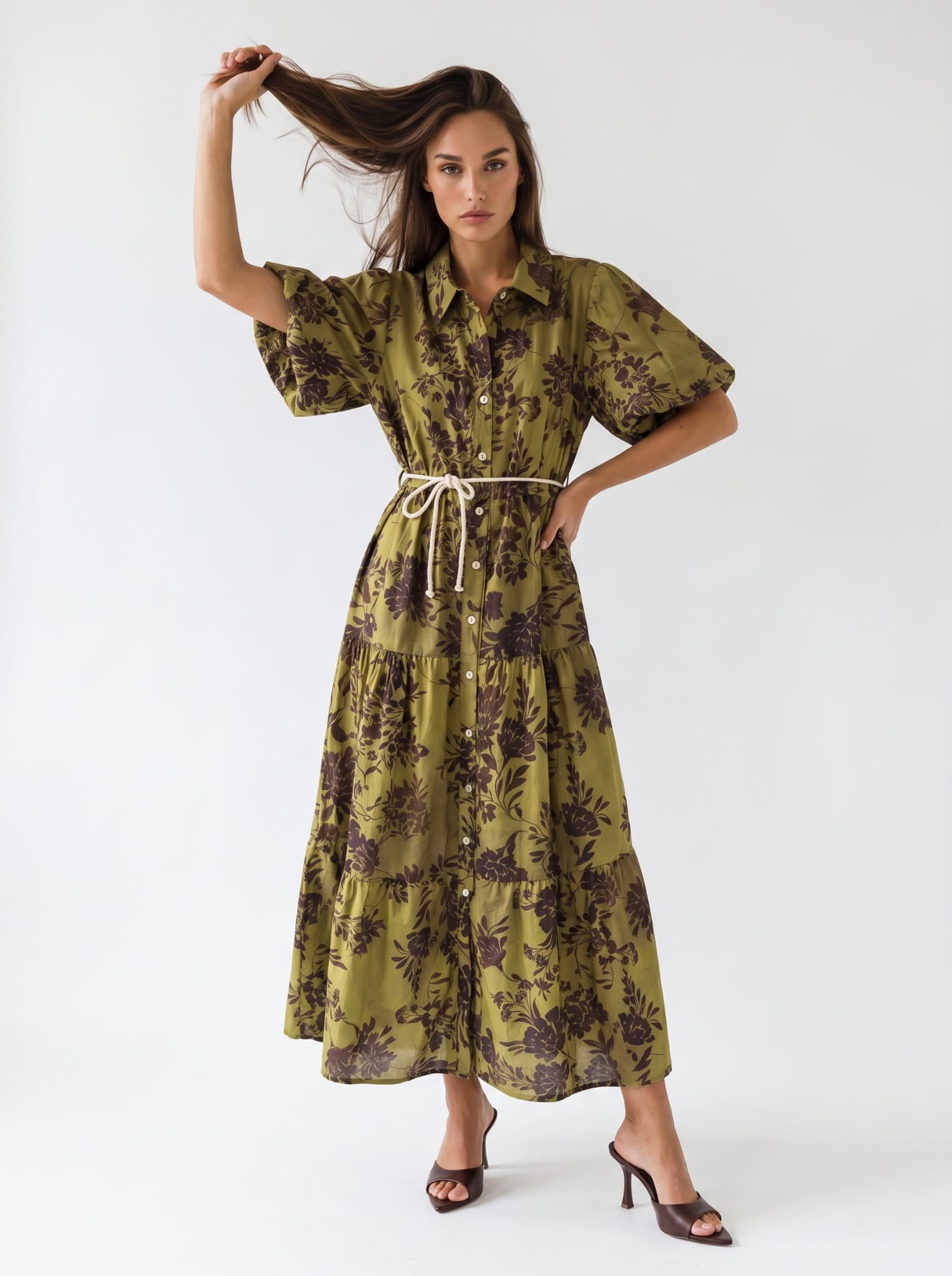 Abito Flavia - Pistacchio fiori marrone donna
