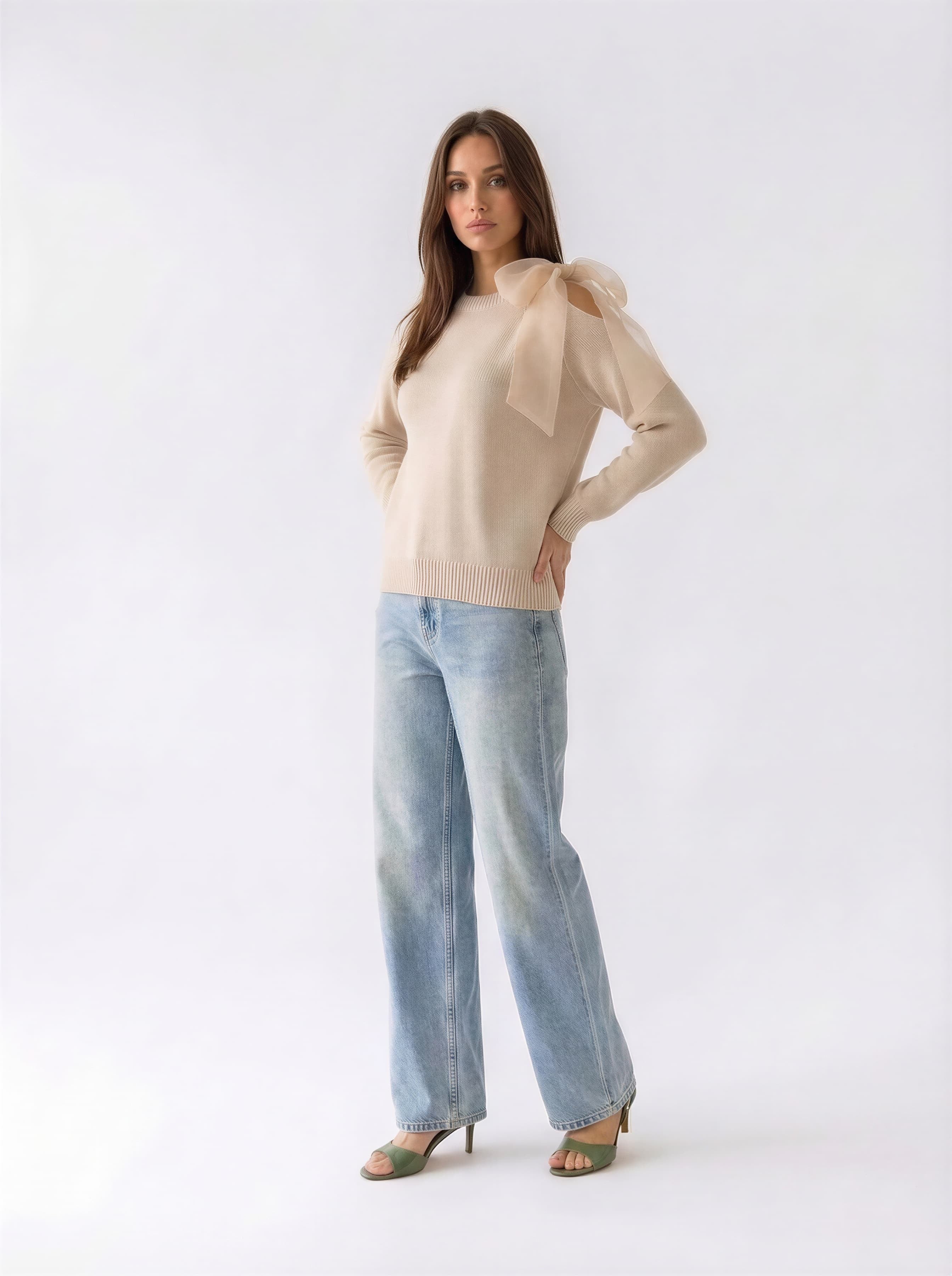 Pull Nives con fiocco in organza - Beige donna