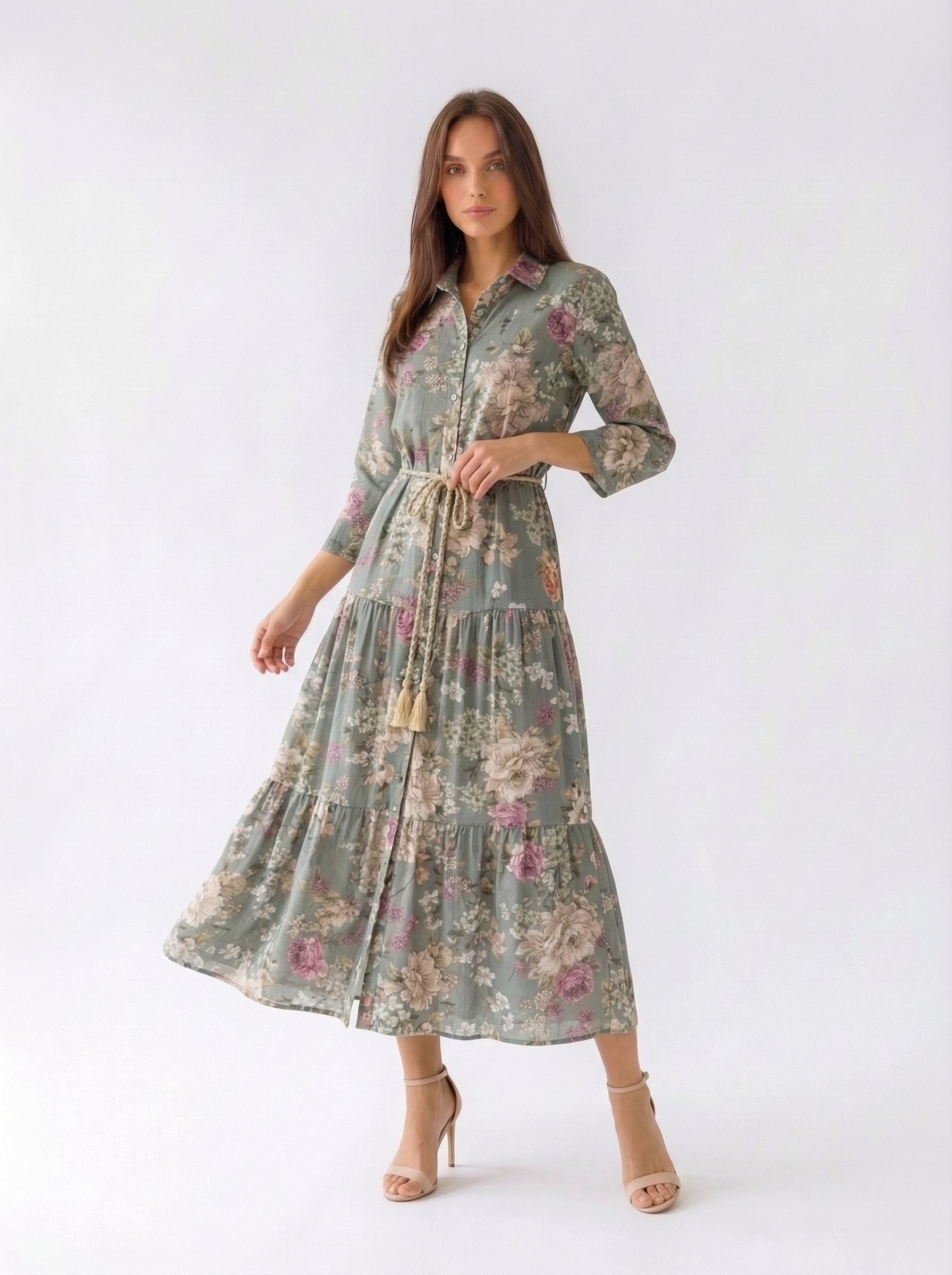 Abito Florelle chemisier in mussola - Verde militare donna