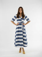 Abito Kyoto kimono a righe con cintura - blu e burro donna