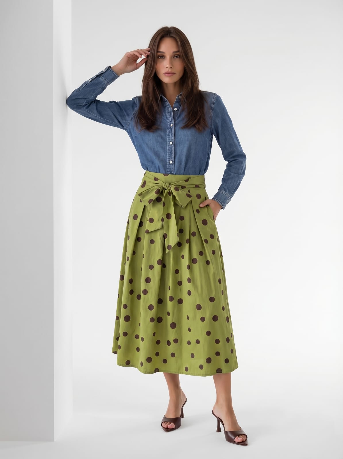 Gonna Camelia - verde pistacchio pois marrone donna