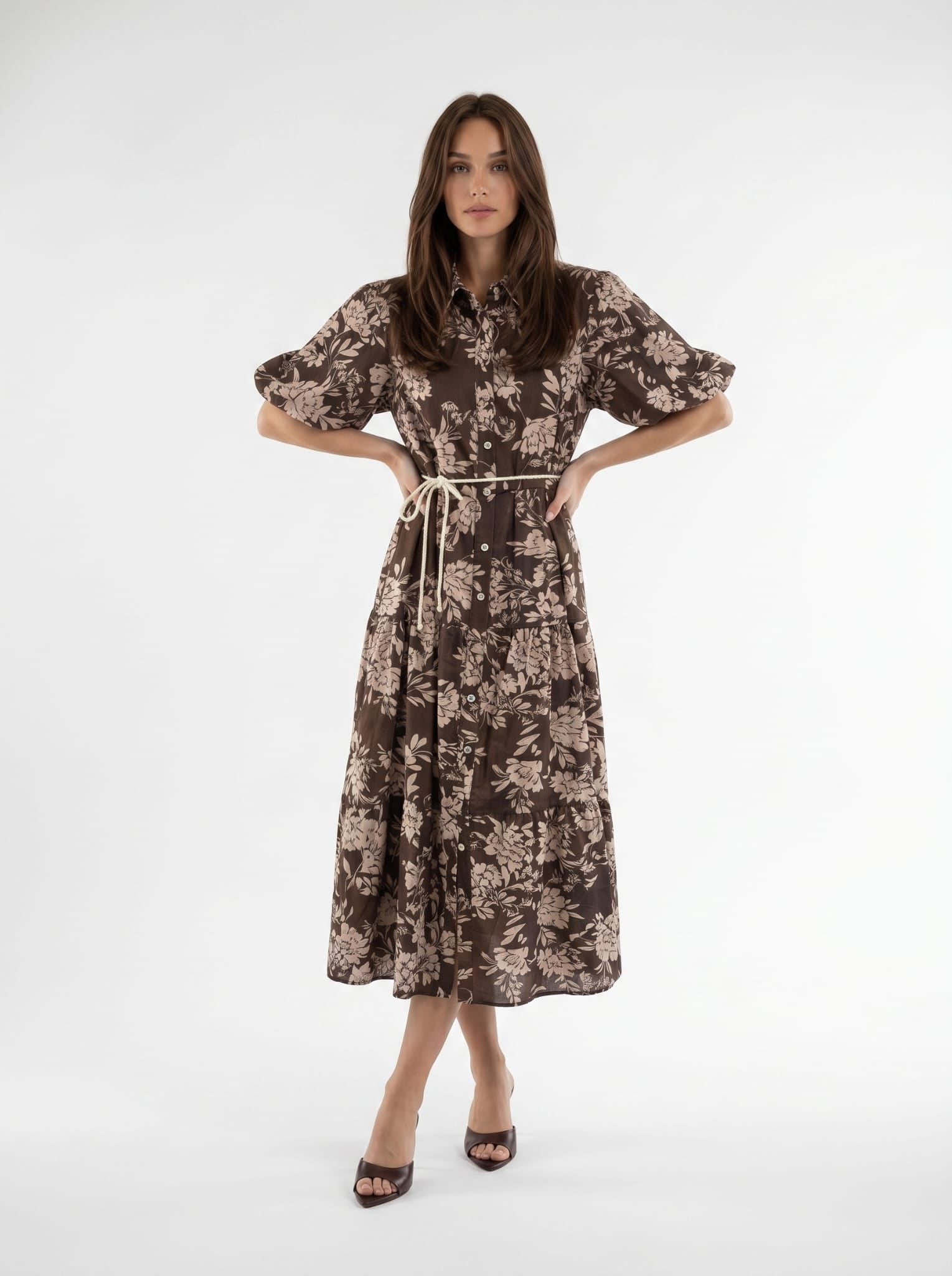Abito Flavia - Marrone fiori beige donna