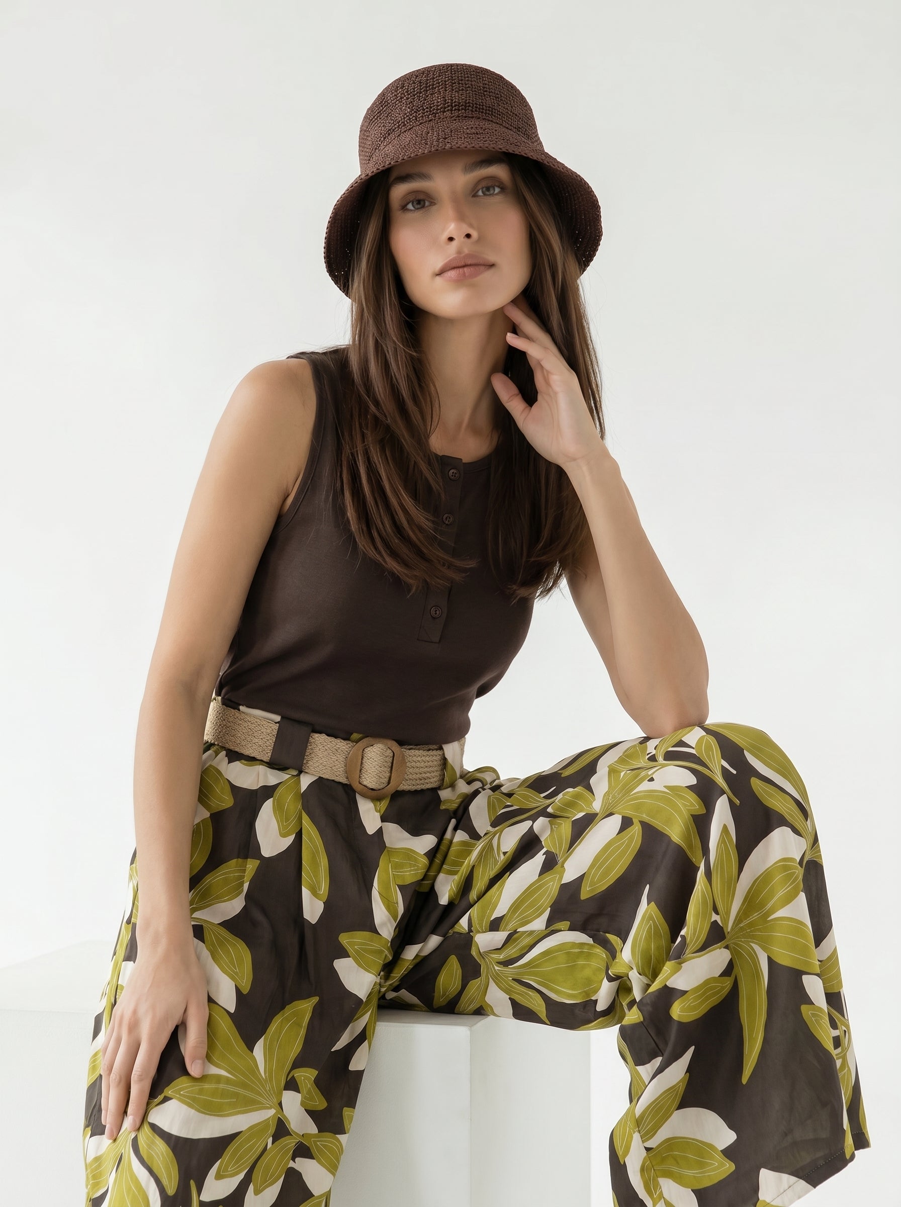 Pantalone Marbella - fantasia foliage moro e lime donna