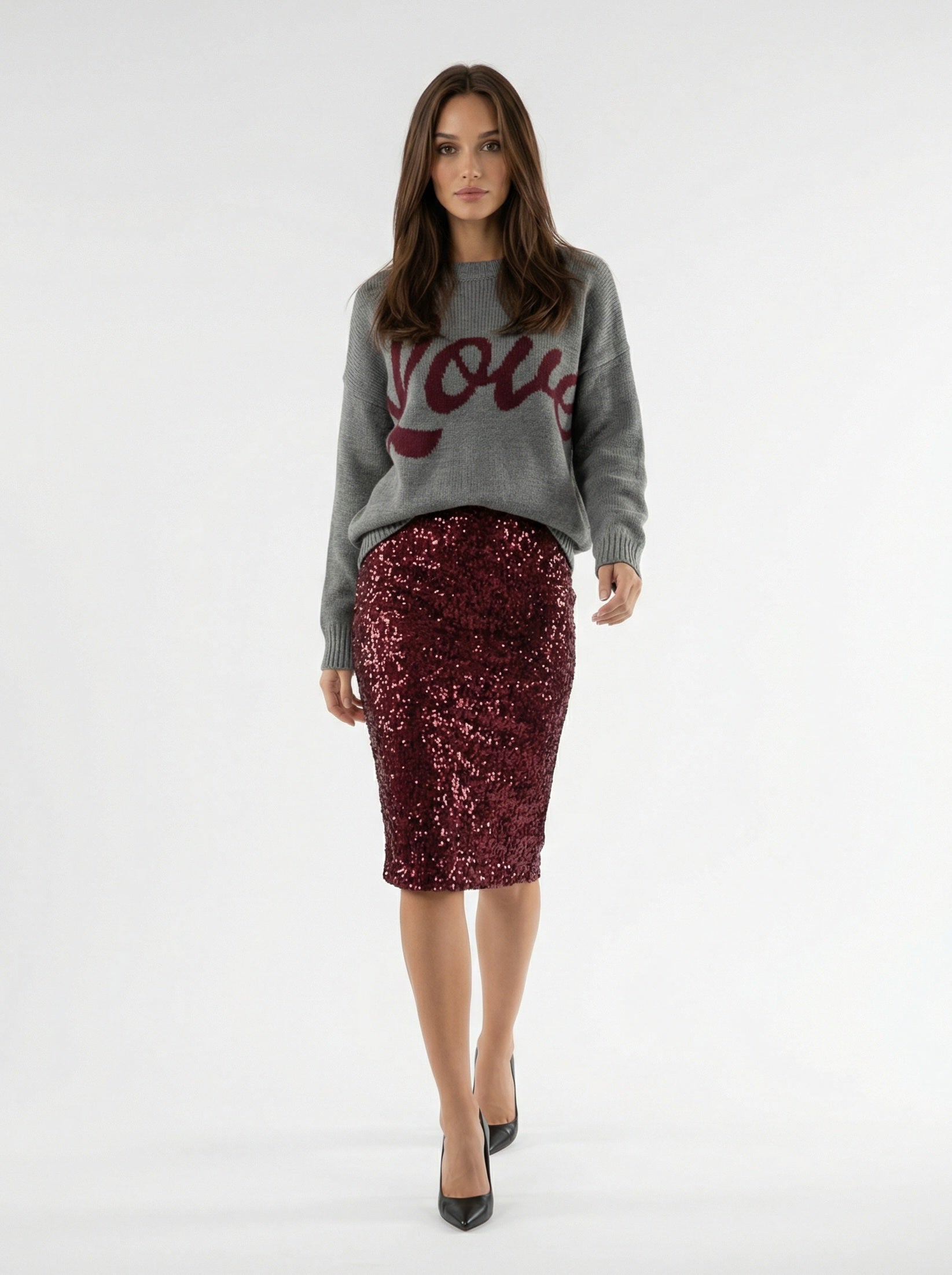 Gonna Peonia- paillettes Bordeaux donna