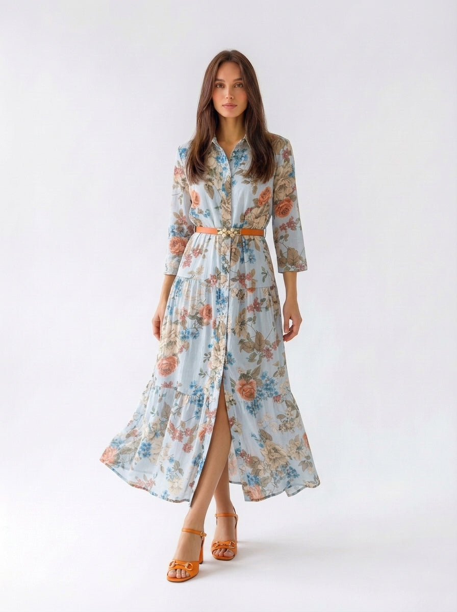 Abito Florelle chemisier in mussola - Azzurro donna