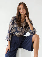 Camicia Tahiti - Blu foglie beige donna
