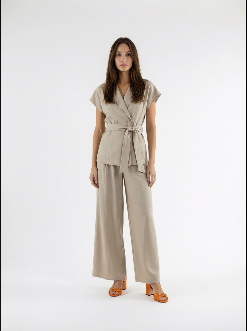 Coordinato Filet blazer doppiopetto e pantalone palazzo - sabbia donna