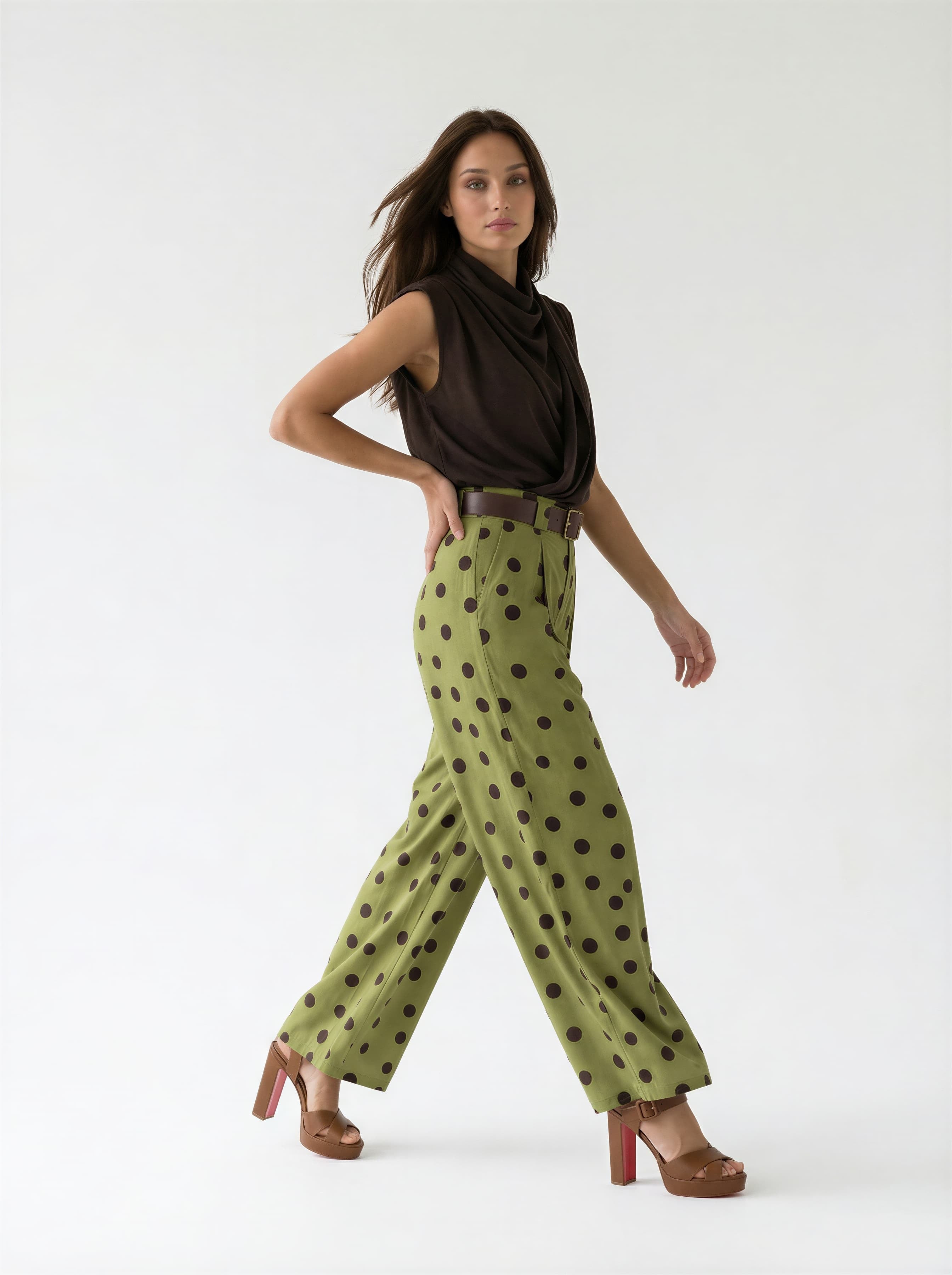 Pantalone Palazzo Zirel - Verde pistacchio pois marrone donna