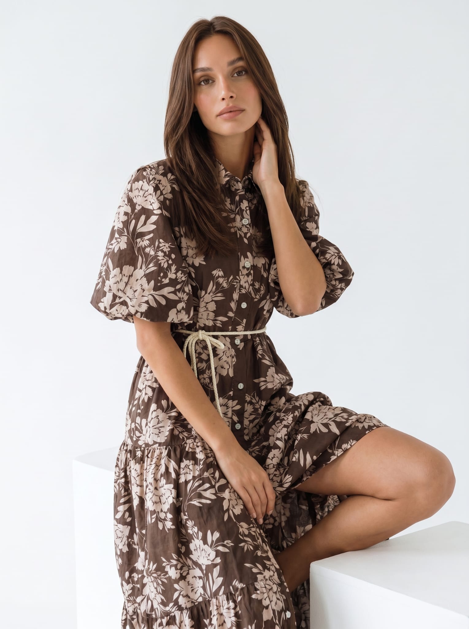 Abito Flavia - Marrone fiori beige donna