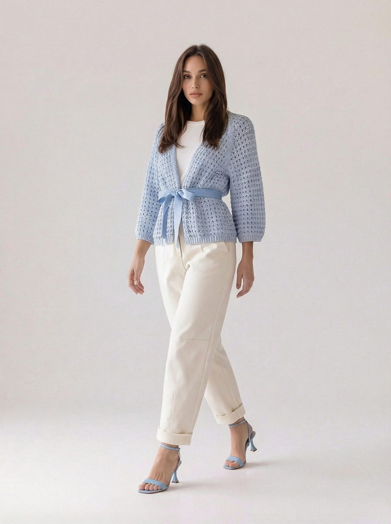 Cardigan Elara traforato con cintura -Azzurro polvere donna