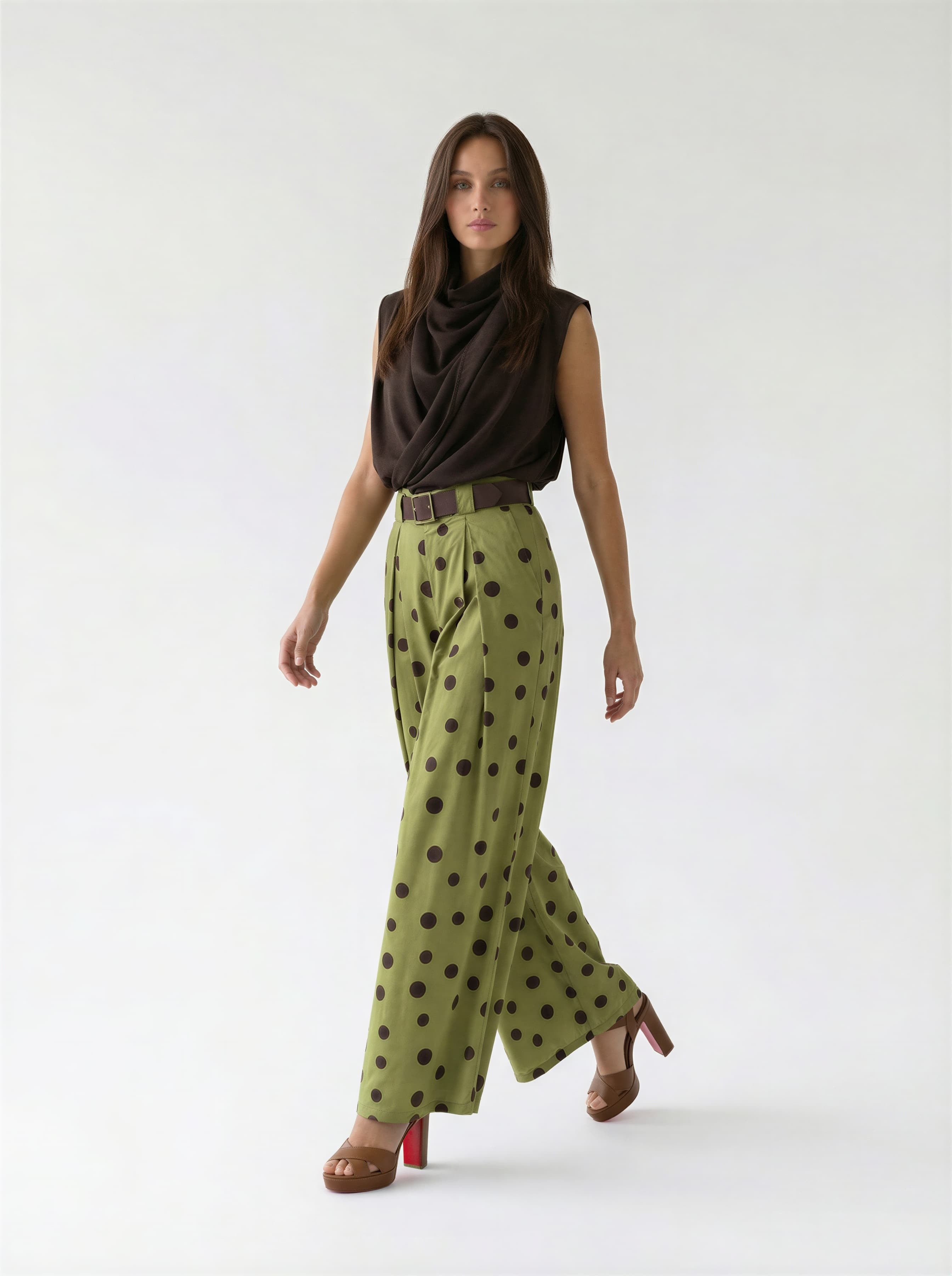 Pantalone Palazzo Zirel - Verde pistacchio pois marrone donna