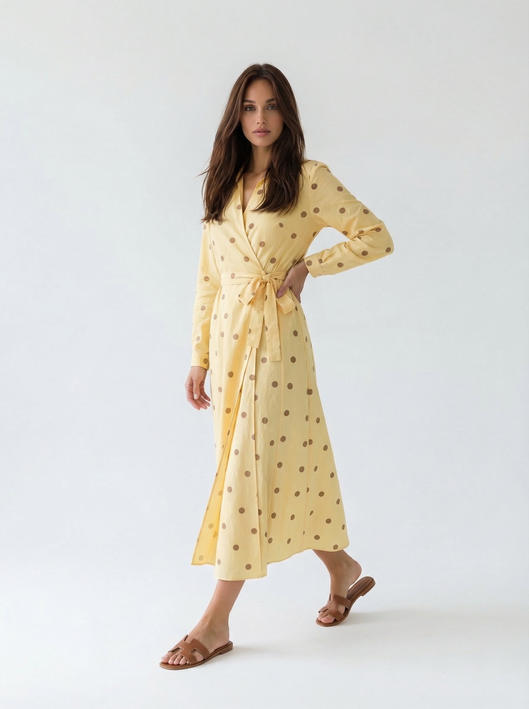 Abito Alba a pois con chiusura kimono – giallo donna