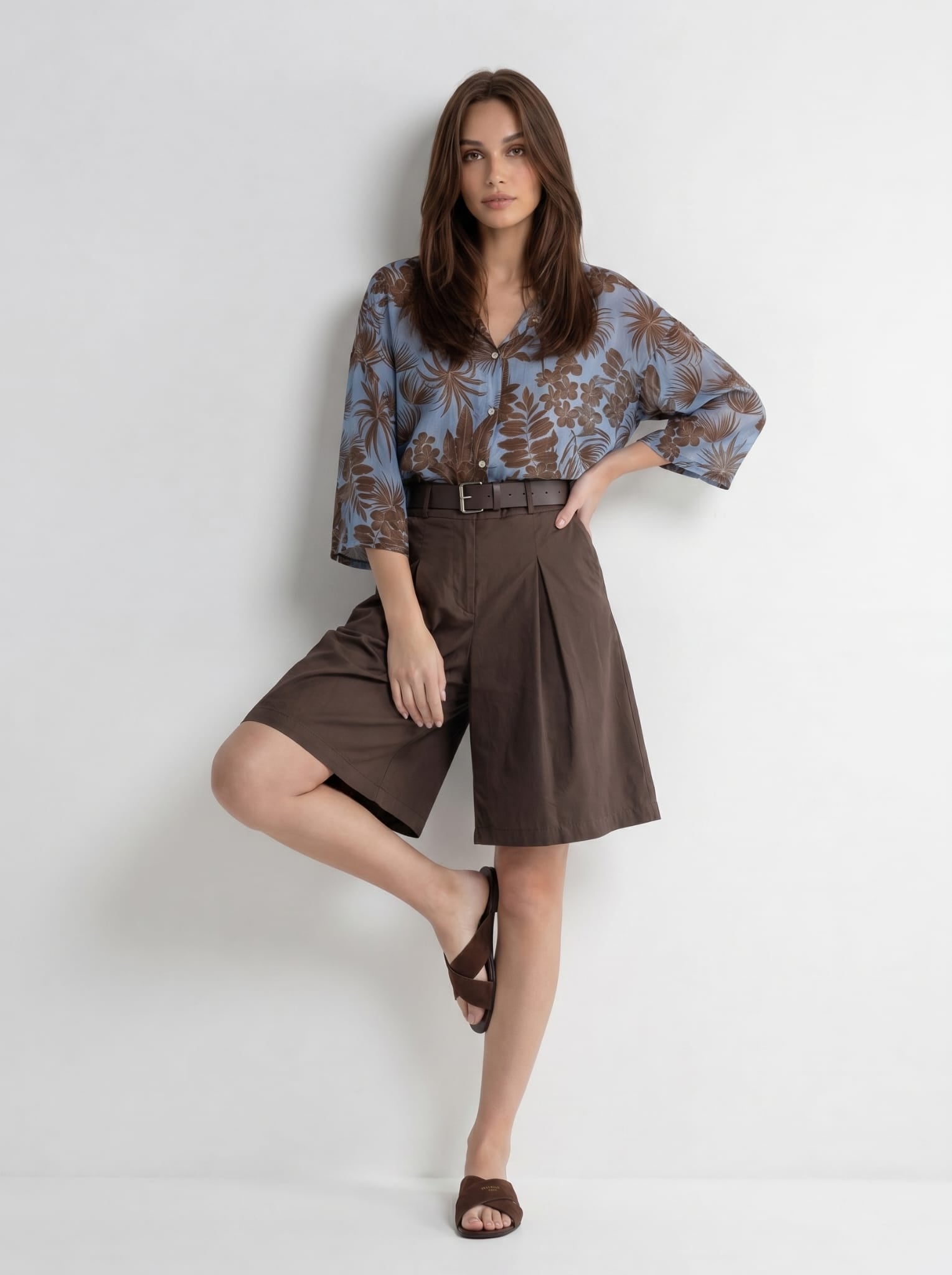 Camicia Tahiti - Azzurro foglie marrone donna